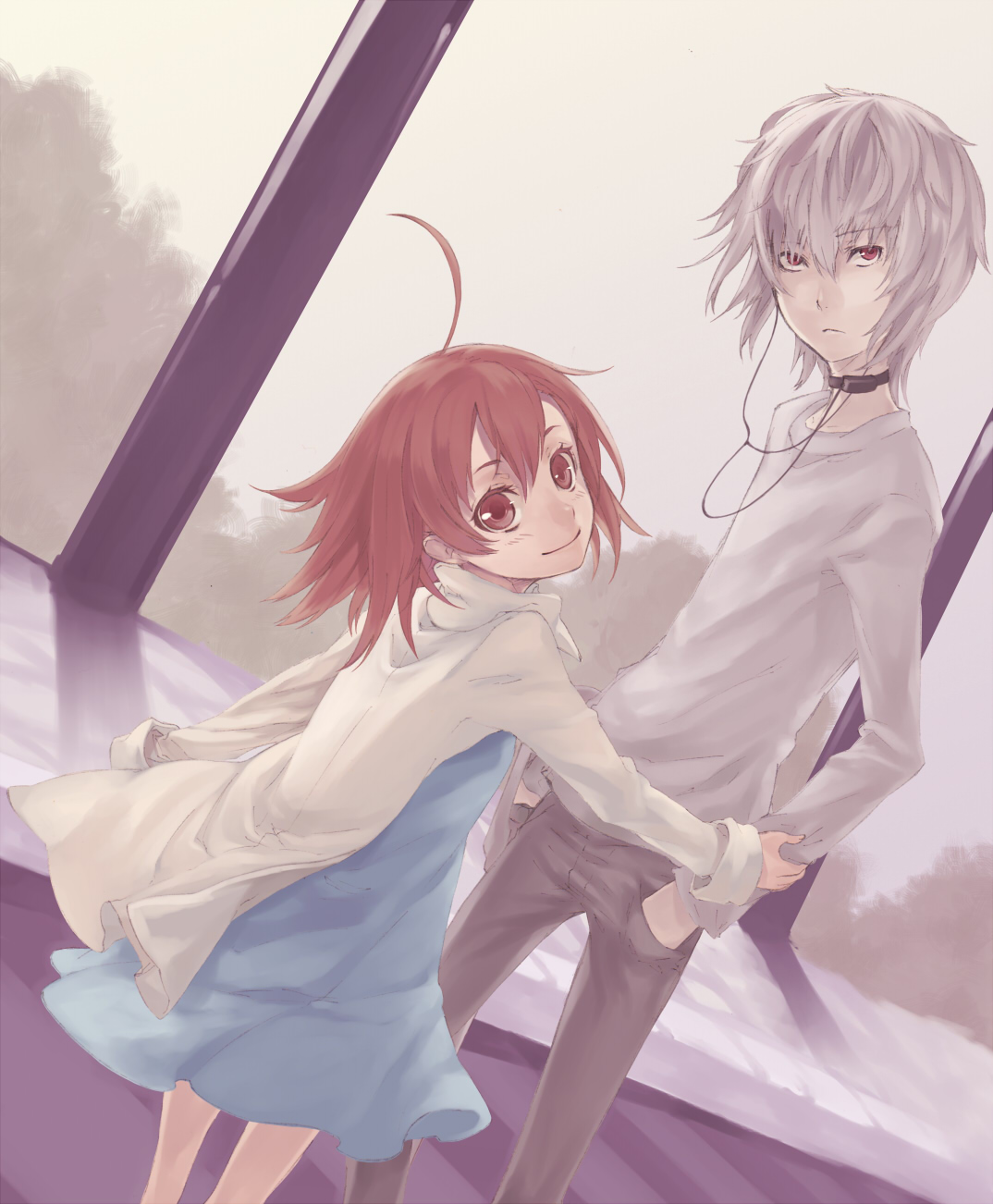 tautiki, accelerator (toaru majutsu no index), last order (toaru majutsu no index), toaru majutsu no index, highres, ahoge, brown eyes, brown hair, collar, dress, dutch angle, red eyes, short hair, white hair