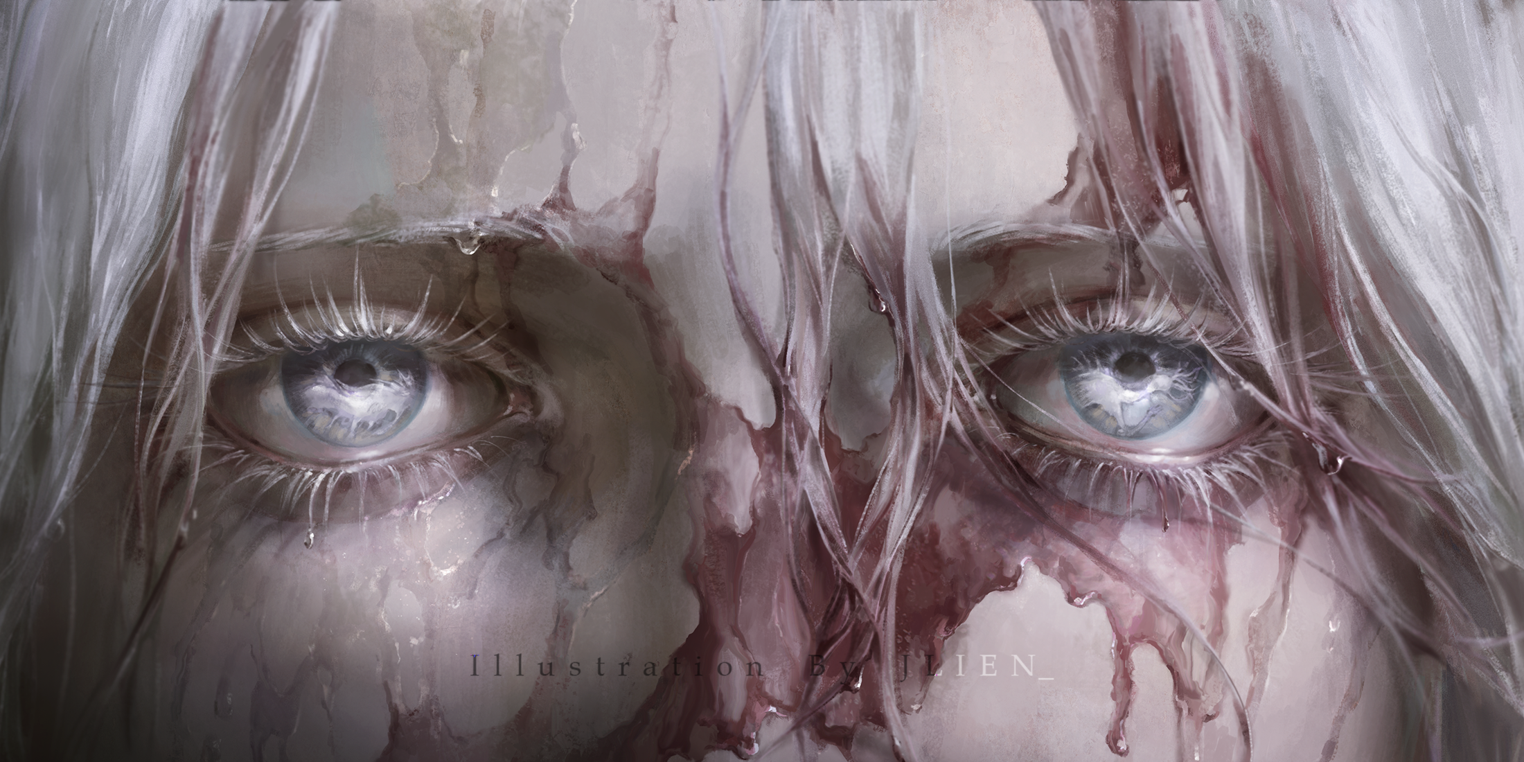 jlien-, lady maria of the astral clocktower, bloodborne, commentary, highres, 1girl, artist name, blood, eye focus, grey eyes, grey hair, hair between eyes, long hair, solo, watermark, wet