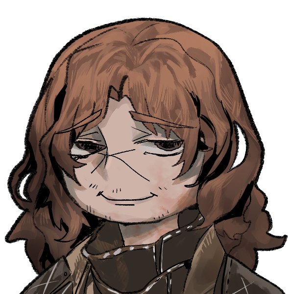 shoggoth (sirens20211), erlking heathcliff (project moon), limbus company, project moon, commentary request, 1boy, beard stubble, brown coat, brown eyes, brown hair, coat, curtained hair, facial hair, high collar, long hair, looking at viewer, male focus, messy hair, mustache stubble, scar, scar on face, scar on nose, smile, stubble, white background