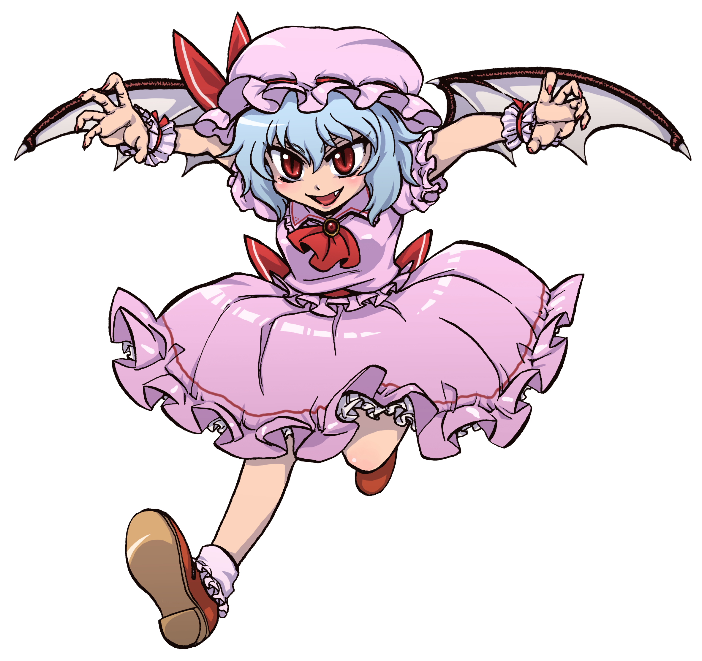 oonamazu, remilia scarlet, touhou, silver hair, highres, 1girl, ascot, bat wings, blue hair, female focus, full body, hat, puffy short sleeves, puffy sleeves, red eyes, shoes, short sleeves, slit pupils, socks, solo, transparent background, wings