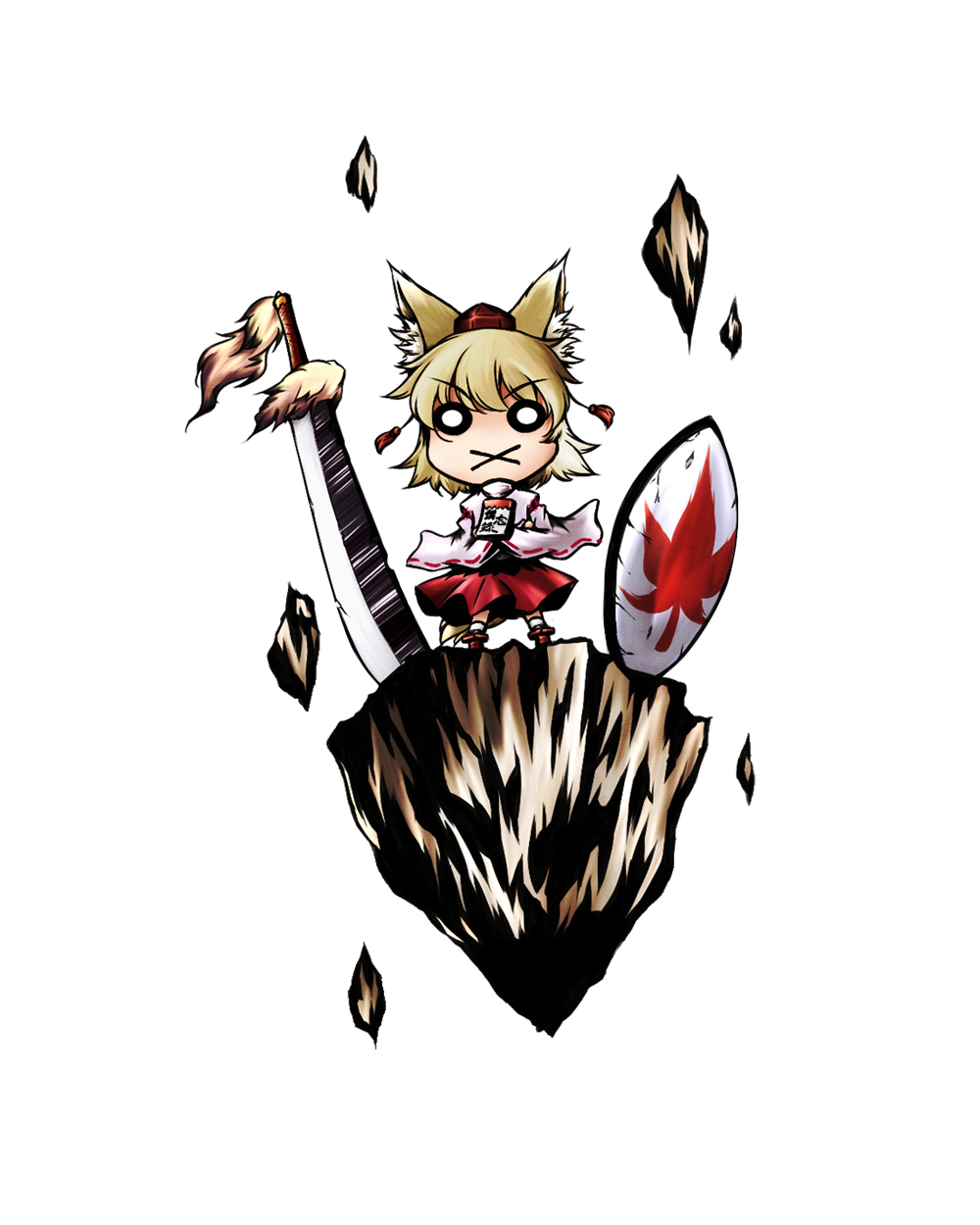 yuzu momo, inubashiri momiji, touhou, silver hair, highres, 1girl, animal ears, chibi, detached sleeves, female focus, geta, hat, o o, shield, short hair, solo, sword, tengu-geta, tokin hat, weapon, wolf ears, x mouth