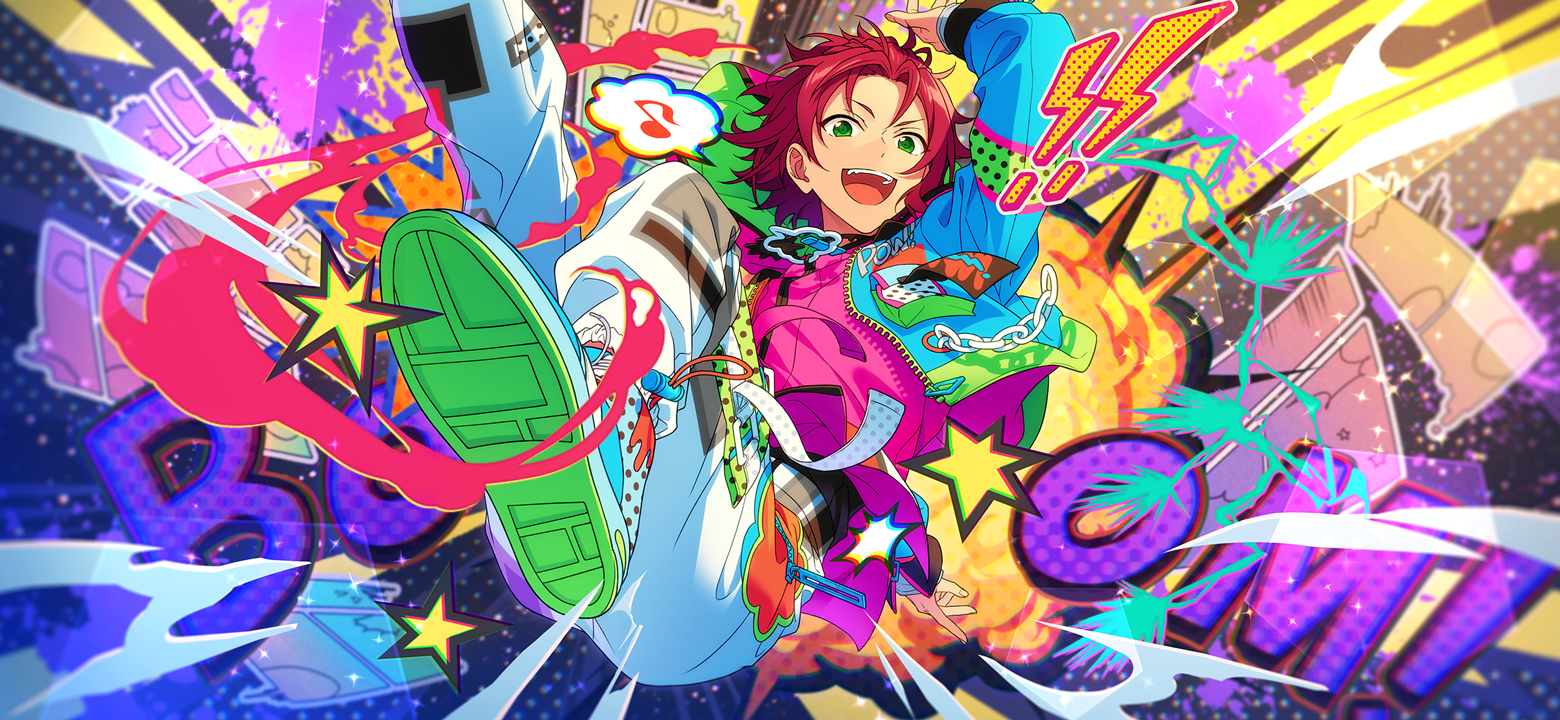 happy elements, isara mao, ensemble stars!, game cg, official art, third-party source, 1boy, bangs pinned back, curtained hair, fingernails, foot out of frame, green eyes, jacket, layered clothes, long sleeves, looking at viewer, male focus, manga-kai (ensemble stars!), musical note, open clothes, open jacket, open mouth, pants, red hair, short hair, smile, solo, teeth, upper teeth only, zipper, zipper pull tab