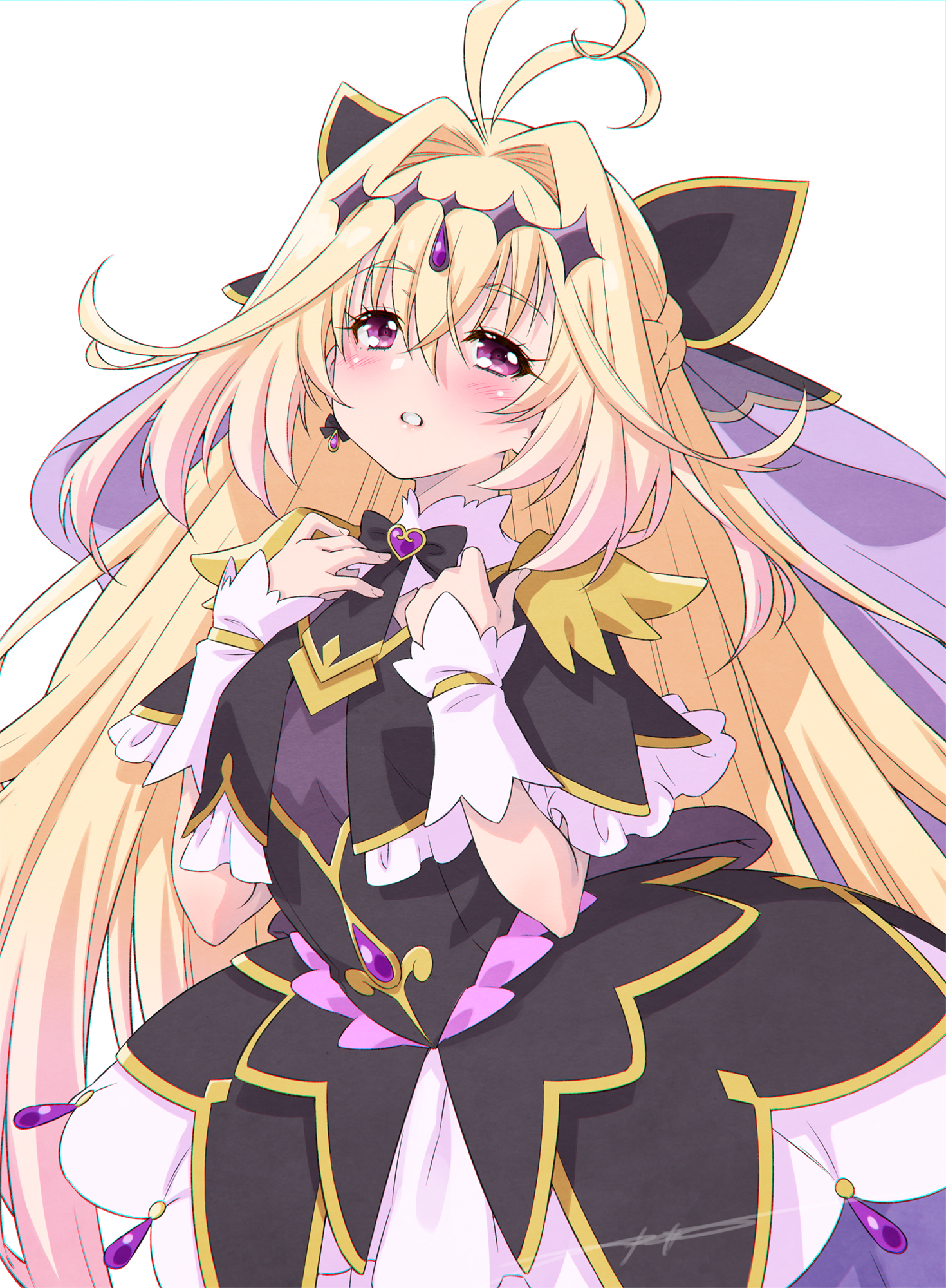 kazuma muramasa, precure, commentary request, highres, 1girl, antenna hair, black bow, black bowtie, black capelet, black dress, blonde hair, bow, bow earrings, bowtie, brooch, capelet, crossed bangs, cure arcana shadow, diamond hairband, dress, earrings, frilled capelet, frills, gradient hair, hair between eyes, hair bow, hair intakes, heart, heart brooch, jewelry, long hair, looking at viewer, meitantei precure!, moria ruruka, multicolored hair, parted lips, pink hair, purple eyes, simple background, solo, two-tone hair, very long hair, white background, white wrist cuffs, wrist cuffs