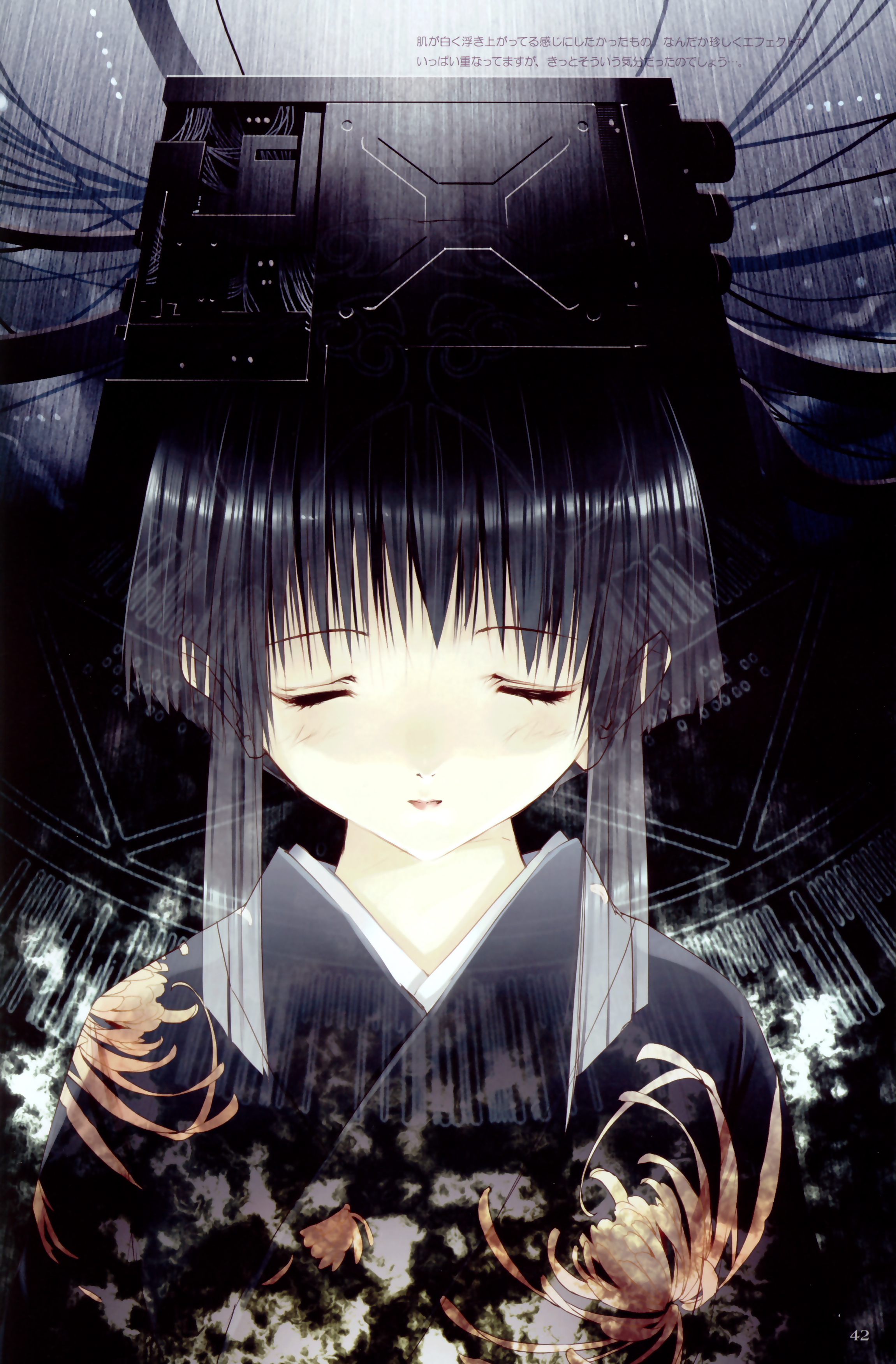 ueda ryou, absurdres, highres, 1girl, black hair, chrysanthemum print, closed eyes, female focus, floral print, flower, japanese clothes, kimono, red flower, solo, spider lily