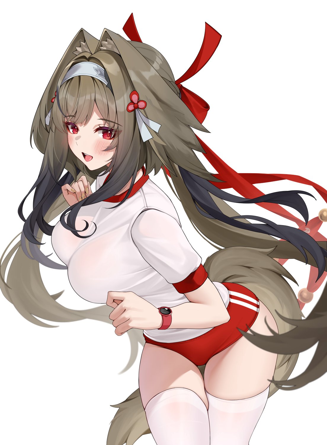 matrix16, ye shunguang, zenless zone zero, highres, 1girl, :d, alternate costume, animal ears, black streaks, breasts, brown hair, droopy ears, eyeliner, fox ears, fox girl, fox tail, hair ornament, headband, large breasts, leaning forward, light blush, long hair, makeup, multicolored hair, open mouth, red eyes, red ribbon, ribbon, shirt, shorts, skindentation, smile, streaked hair, tail, thighhighs, very long hair, watch, wristwatch