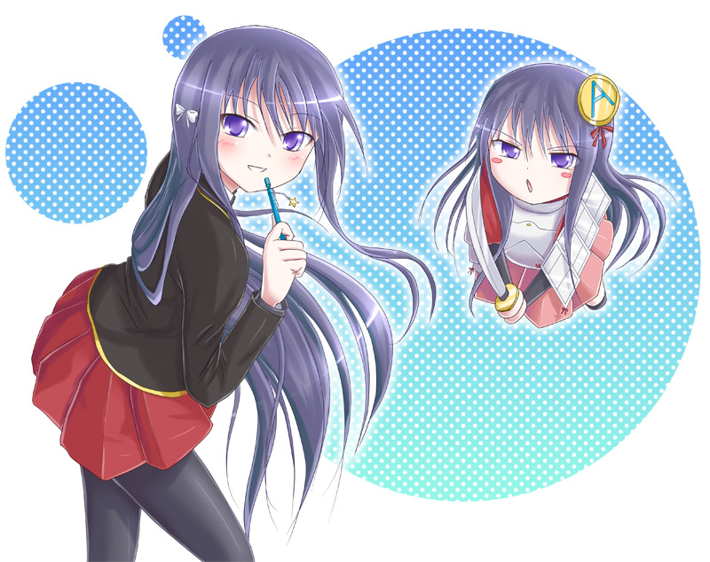 chm (macharge), kirishima shouko, baka to test to shoukanjuu, bad id, bad pixiv id, 1girl, blush, blush stickers, fumizuki academy school uniform, grin, katana, long hair, mechanical pencil, pantyhose, pencil, purple hair, school uniform, skirt, smile, sword, weapon