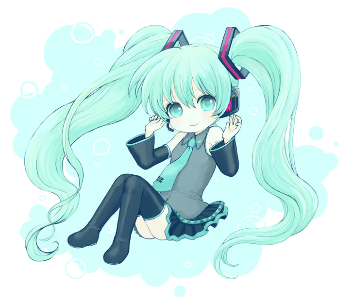 tayu, hatsune miku, vocaloid, bad id, bad pixiv id, boots, detached sleeves, green eyes, green hair, headset, long hair, necktie, skirt, solo, thigh boots, thighhighs, very long hair, zettai ryouiki