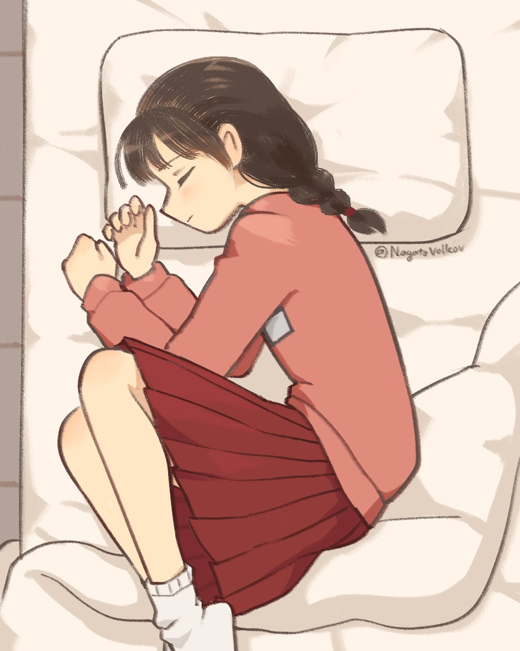 madotsuki, original, highres, 1girl, black hair, braid, closed eyes, fetal position, long hair, long sleeves, lying, nagatovolkov, on side, pillow, pleated skirt, red skirt, skirt, sleeping, socks, solo, twin braids, twitter username
