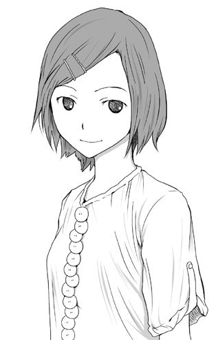 tamaoki benkyou, character request, copyright request, lowres, source request, tagme, 1girl, female focus, hair ornament, hairpin, monochrome, simple background, solo, white background