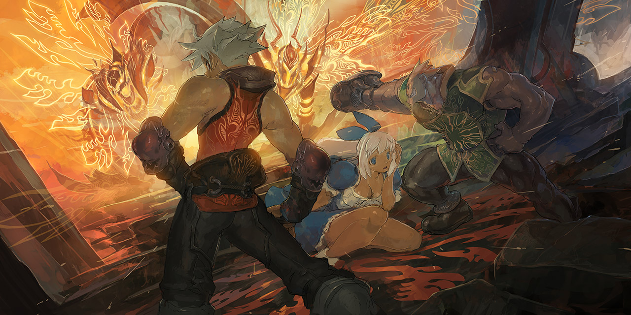 nouzui, original, bad id, bad pixiv id, 1girl, 2boys, armor, blue eyes, breasts, cleavage, dress, dutch angle, fantasy, large breasts, long hair, magic, multiple boys, punching, white hair