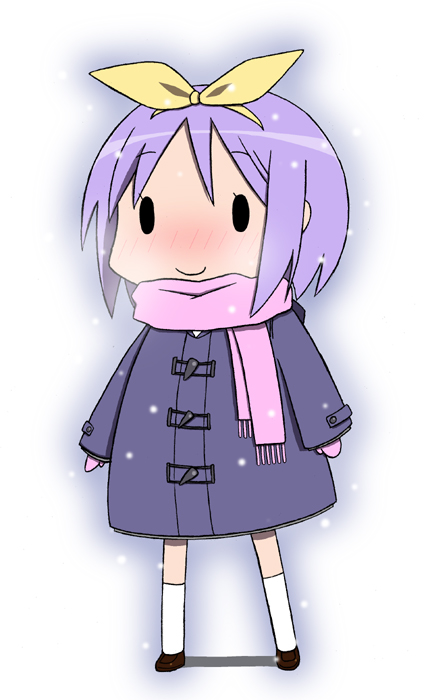 tsuti, hiiragi tsukasa, lucky star, 00s, 0 0, 1girl, chibi, coat, female focus, purple hair, scarf, short hair, snow, solo