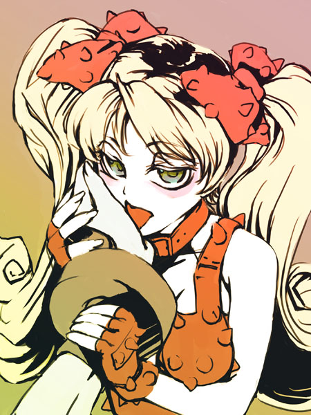 rokumen saikoro, effie (street fighter), necro (street fighter), capcom, street fighter, street fighter iii (series), 1girl, blonde hair, choker, green eyes, licking, solo focus, twintails