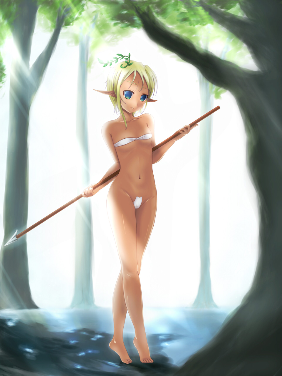 shimoku, original, bad id, bad pixiv id, highres, 1girl, aqua eyes, barefoot, blonde hair, blue eyes, day, elf, female focus, flat chest, legs, maebari, navel, outdoors, pointy ears, polearm, short hair, solo, spear, tree, weapon