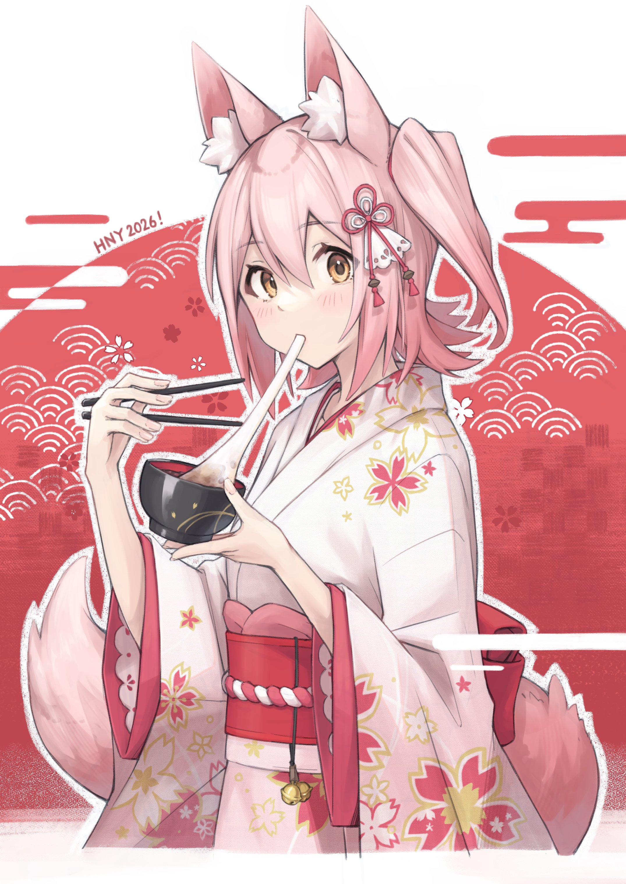 semi colon, kasuga mirai, idolmaster, idolmaster million live!, idolmaster million live! theater days, absurdres, commentary request, highres, 1girl, alternate costume, animal ears, bowl, chopsticks, cup, eating, floral print, floral print kimono, food, fox ears, fox girl, fox tail, hair ornament, happy new year, holding, holding bowl, holding chopsticks, japanese clothes, kimono, looking at viewer, mochi, mochi trail, new year, obi, obiage, obijime, official alternate hair color, one side up, pink eyes, pink hair, pink kimono, print kimono, red sash, sash, shiruko (food), solo, tail, upper body, white kimono
