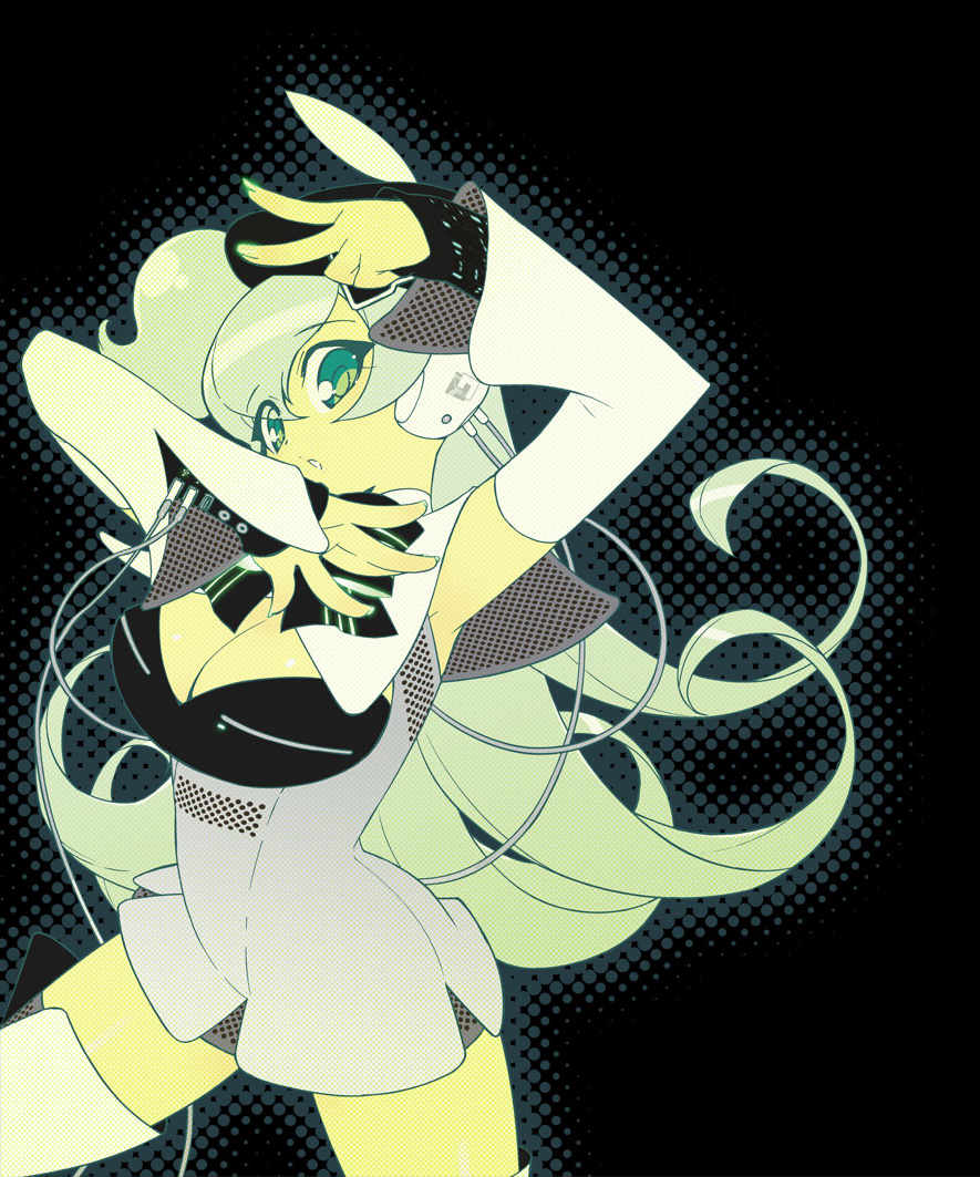 akatsuki gomoku, macne nana, macne series, official art, 1girl, beret, bow, breasts, female focus, fingernails, green eyes, green hair, green theme, hat, headset, large breasts, long hair, matching hair/eyes, nail (hardware), product girl, skirt, solo, thighhighs