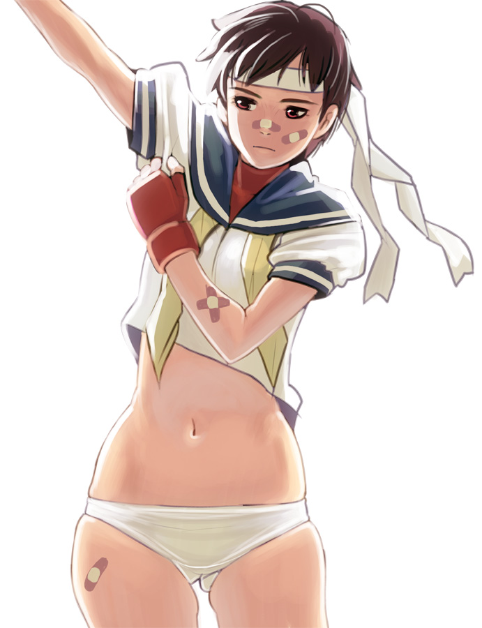 kouno (masao), kasugano sakura, capcom, street fighter, bad id, bad pixiv id, 1girl, arm up, backlighting, bandaid, bandaid on arm, bandaid on face, bandaid on nose, blue sailor collar, bottomless, brown eyes, brown hair, cowboy shot, dressing, female focus, fingerless gloves, gloves, headband, looking to the side, navel, no pants, panties, sailor collar, school uniform, serafuku, short hair, simple background, solo, underwear, white background, white panties, wide hips