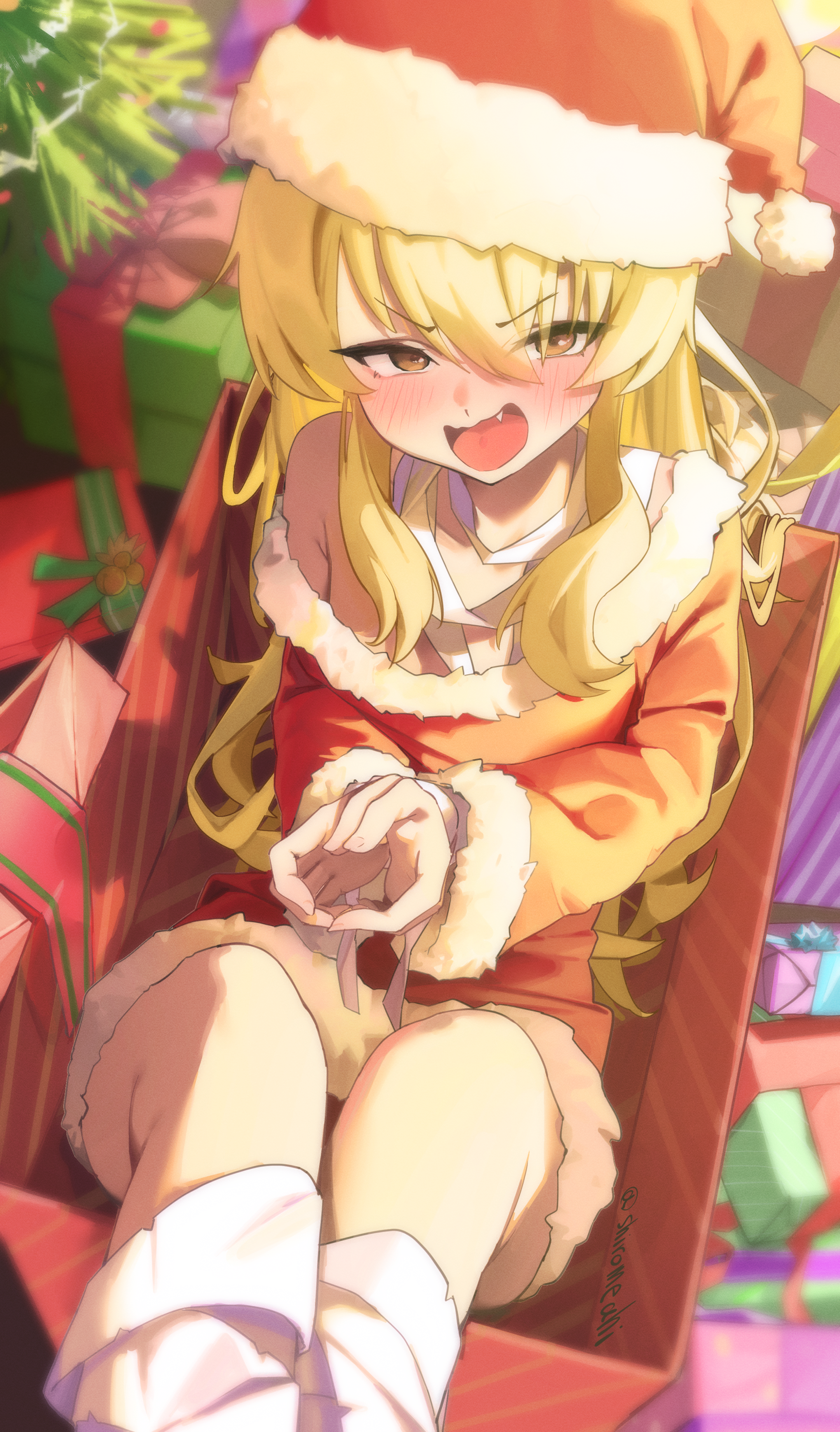 shiroyo (shiromeahi), yoshimi (blue archive), blue archive, absurdres, commentary request, highres, 1girl, bare shoulders, blonde hair, blush, bound, bound wrists, bow, box, christmas tree, dress, embarrassed, gift, gift box, green ribbon, hat, in box, in container, long hair, long sleeves, looking at viewer, pom pom (clothes), red bow, red dress, ribbon, santa costume, santa hat, solo, tied up (nonsexual), tree, twitter username, v-shaped eyebrows, yellow eyes