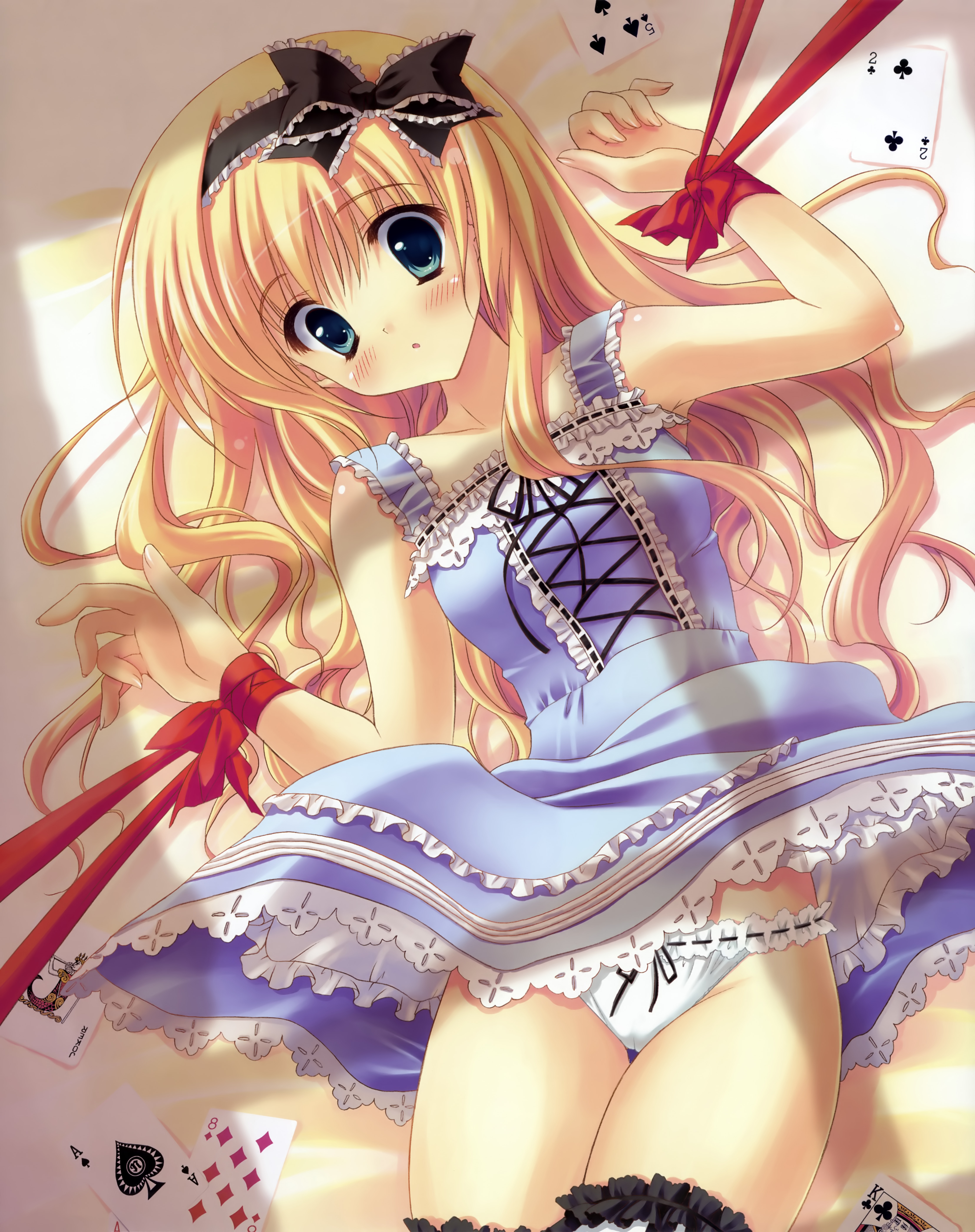 ryouka (suzuya), original, absurdres, highres, 1girl, bdsm, bed, blonde hair, blue eyes, blush, bondage, bound, card, dress, female focus, frilled thighhighs, frills, green eyes, hair ribbon, lace, lace-trimmed panties, lace trim, long hair, lying, panties, pantyshot, ribbon, ribbon-trimmed panties, ribbon bondage, ribbon trim, solo, thigh gap, thighhighs, thighs, underwear, upskirt, white panties