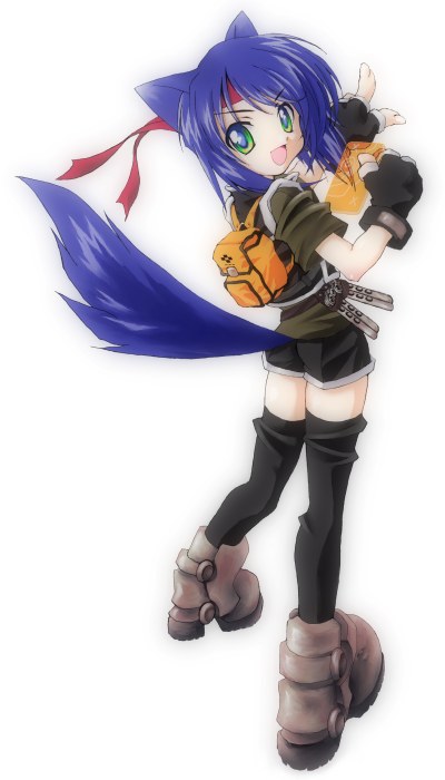 calle nozomu, original, 1girl, :d, animal ears, backpack, bag, blue hair, female focus, fingerless gloves, fox, fox ears, gloves, open mouth, randoseru, smile, solo, tail, thighhighs