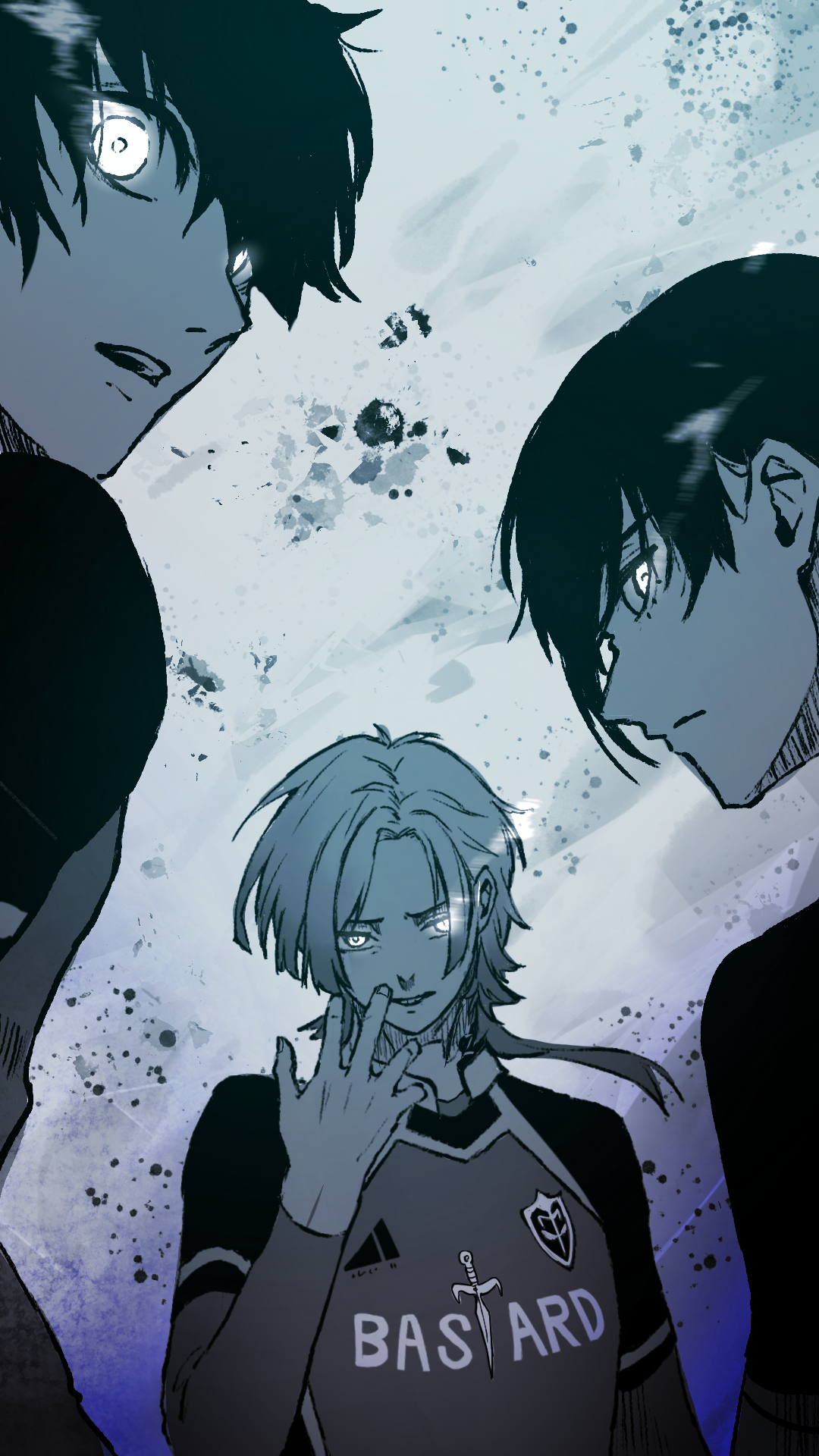 isagi yoichi, itoshi rin, michael kaiser, blue lock, commentary request, highres, 3boys, closed mouth, english text, glowing, glowing eyes, hair between eyes, long hair, looking at viewer, looking back, male focus, monochrome, multiple boys, parted lips, profanity, short hair, solo, tzexplosion, upper body