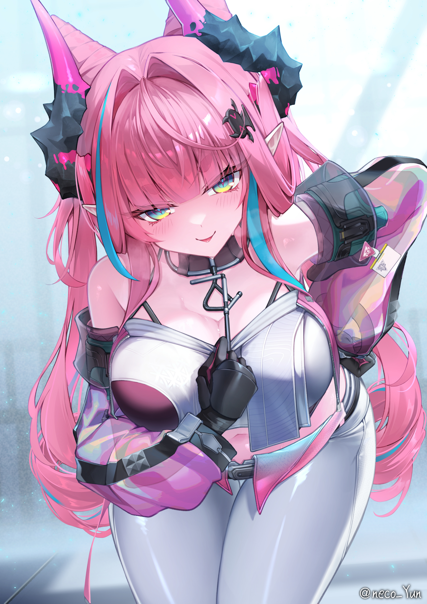 yeosi, yvonne (arknights), arknights, arknights: endfield, commentary request, highres, 1girl, aqua hair, black gloves, breasts, cone hair bun, detached sleeves, gloves, hair bun, hair intakes, hair on horn, large breasts, leaning forward, long hair, looking at viewer, multicolored eyes, multicolored hair, pants, pointy ears, purple eyes, solo, twitter username, two-tone eyes, two-tone hair, very long hair, white pants