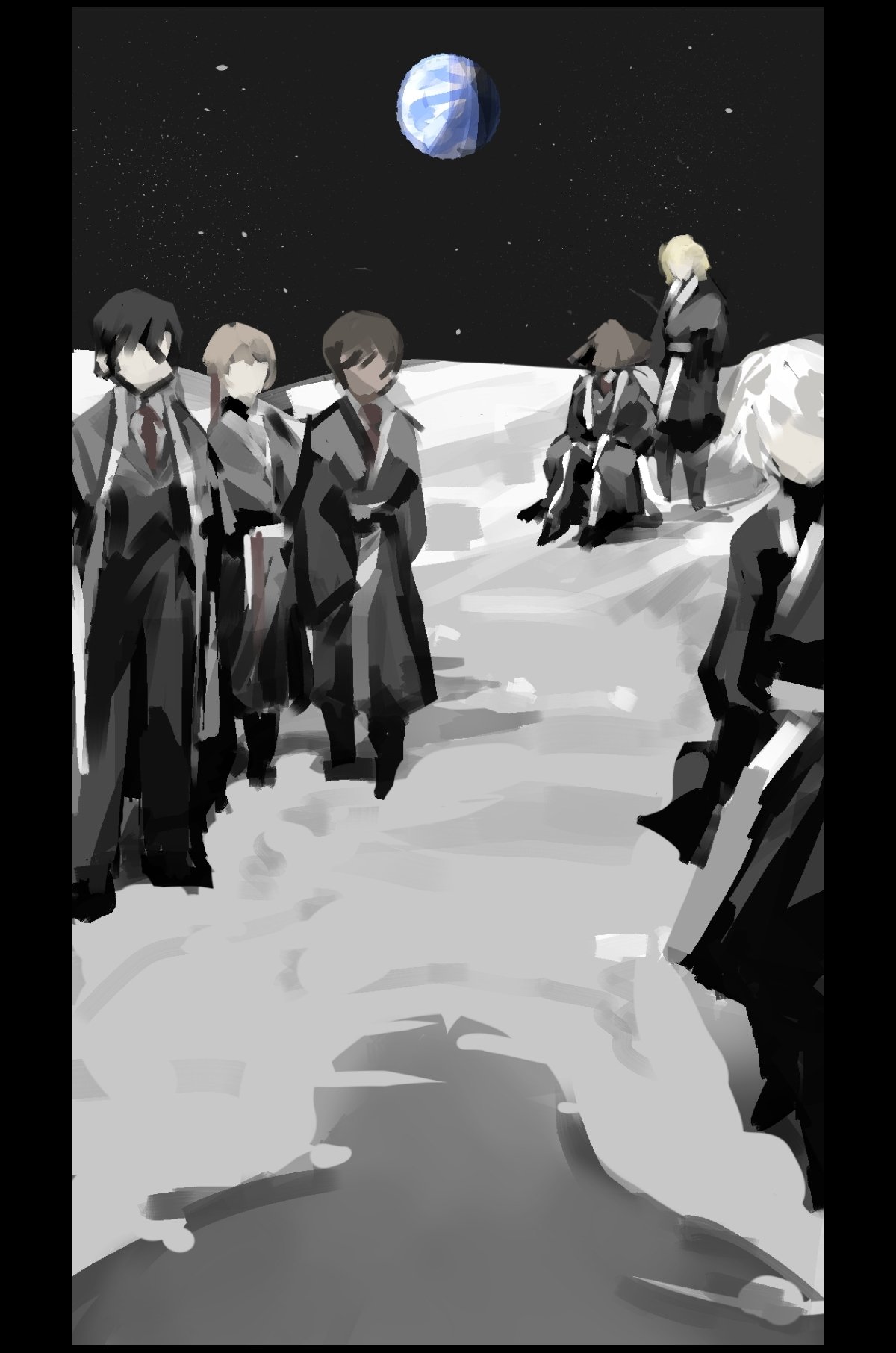 shoggoth (sirens20211), don quixote (project moon), faust (project moon), meursault (project moon), outis (project moon), sinclair (project moon), yi sang (project moon), limbus company, project moon, commentary, english commentary, highres, unfinished, 3boys, 3girls, black coat, black hair, black kimono, black pants, black suit, blade lineage (identity) (project moon), blonde hair, coat, earth (planet), faceless, facing viewer, formal clothes, hat, japanese clothes, jingasa, kimono, moon, multiple boys, multiple girls, necktie, on moon, pants, pillarboxed, planet, red necktie, shirt, sitting, space, standing, star (sky), suit, white hair, white shirt, white trim
