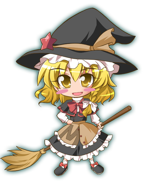 geo (yukishitadou), kirisame marisa, touhou, 1girl, blonde hair, blush stickers, braid, broom, chibi, dress, female focus, full body, gradient background, hat, solo, white background, witch, witch hat, yellow eyes