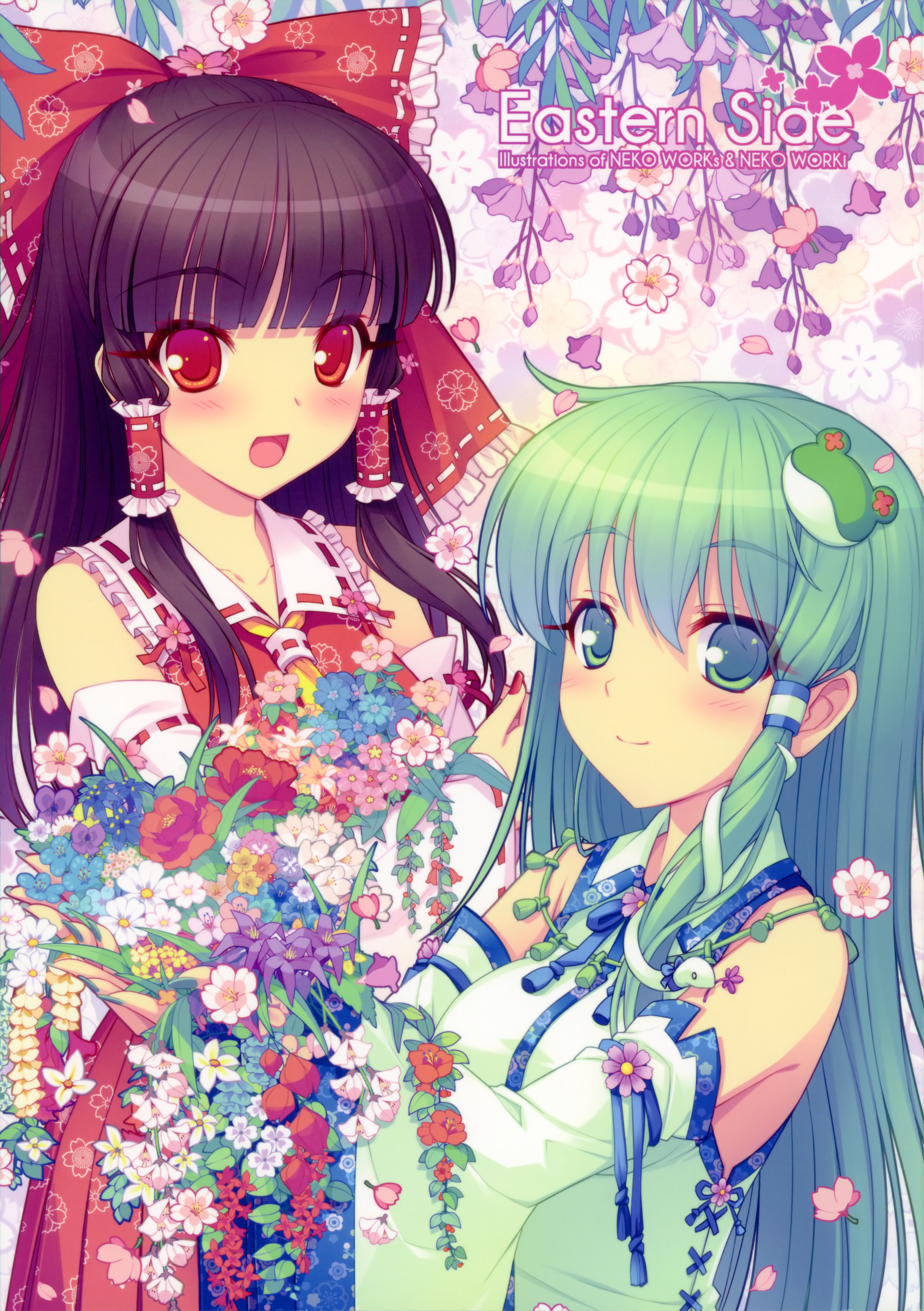 ideolo, sayori, hakurei reimu, kochiya sanae, touhou, absurdres, highres, huge filesize, scan, 2girls, bow, brown hair, detached sleeves, flower, frog, green eyes, green hair, hair ornament, long hair, multiple girls, red eyes, snake, wisteria