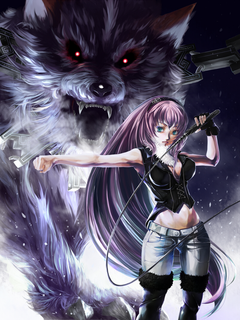 palch (hugo), megurine luka, vocaloid, 1girl, blue eyes, boots, breasts, cleavage, denim, female focus, green eyes, jeans, large breasts, long hair, palch, pants, pink hair, solo, thigh boots, thighhighs, whip, wolf