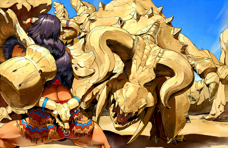 orushibu, diablos, capcom, monster hunter (series), 1girl, back, bone armor (monster hunter), desert, fighting stance, from behind, hammer, horns, long hair, monster, panties, purple hair, underwear