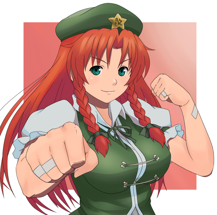 namine0079, hong meiling, embodiment of scarlet devil, touhou, 1girl, bandaid, braid, breasts, china dress, chinese clothes, dress, female focus, gradient background, green eyes, hat, long hair, red hair, ribbon, solo, star (symbol), twin braids, upper body, white background