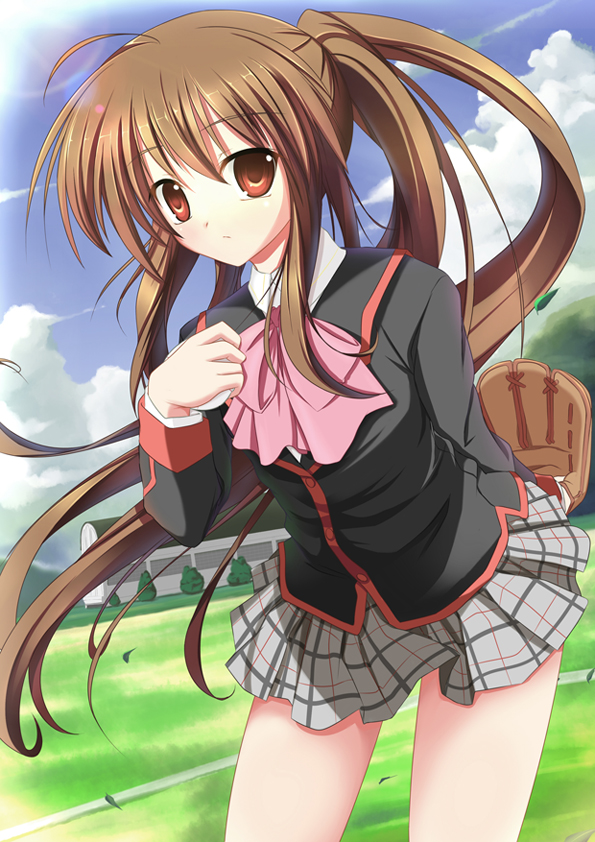 mycstea, natsume rin, little busters!, 1girl, baseball glove, bow, brown eyes, brown hair, female focus, long hair, pink bow, plaid clothes, plaid skirt, ponytail, school uniform, skirt, solo, wind