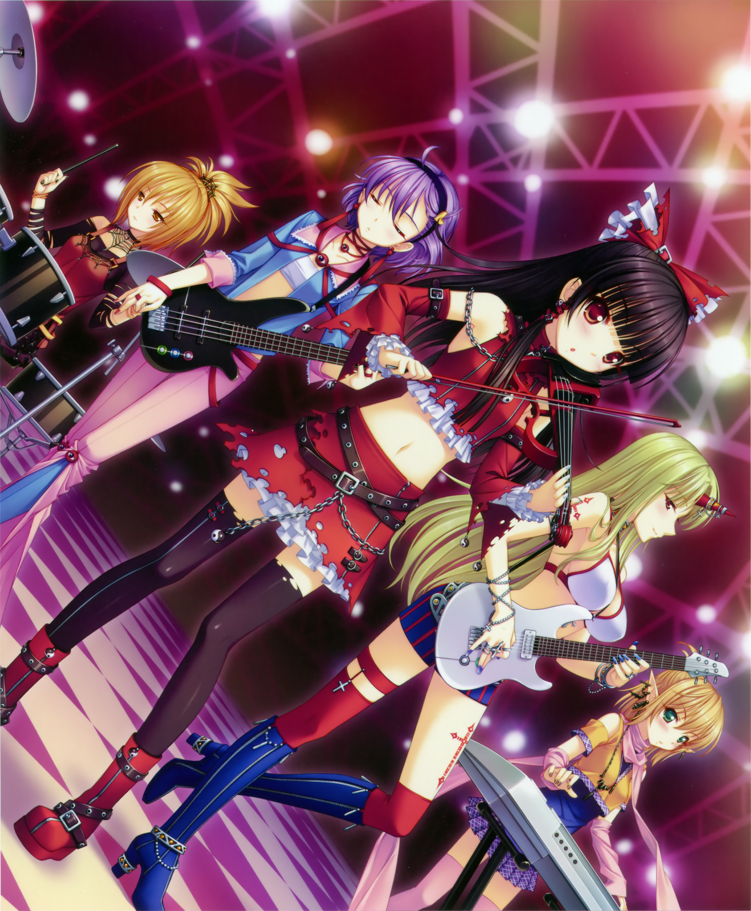 sayori (neko works), hakurei reimu, hoshiguma yuugi, komeiji satori, kurodani yamame, mizuhashi parsee, touhou, absurdres, highres, 5girls, alternate costume, band (music), bass guitar, belt, bikini, bikini top only, black hair, blonde hair, boots, chain, choker, contemporary, crop top, drum, drum set, dutch angle, electric violin, female focus, guitar, high heels, horns, instrument, keyboard, keyboard (instrument), legs, midriff, miniskirt, multiple girls, nail polish, pointy ears, purple hair, scarf, shoes, single horn, skirt, swimsuit, thighhighs, torn clothes, violin, zettai ryouiki