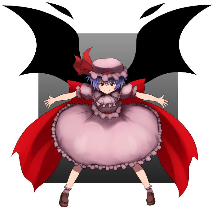 namine0079, remilia scarlet, touhou, bad id, bad pixiv id, 1girl, blue hair, female focus, full body, gradient background, grey background, hat, red eyes, ribbon, shoes, short hair, socks, solo, standing, white background, wings