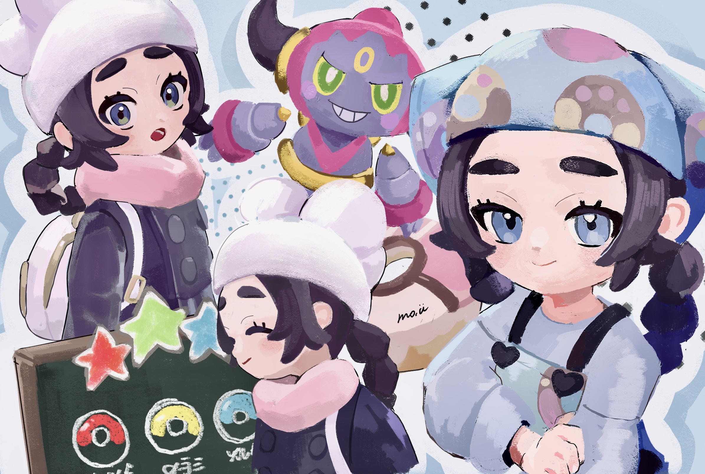 moyu u0, ansha (pokemon), hoopa, hoopa (confined), nintendo, pokemon, pokemon legends: z-a, commentary request, highres, 1girl, :o, apron, backpack, bag, black hair, blue eyes, closed mouth, coat, donut, eyelashes, food, gen 6 pokemon, grey shirt, hat, legendary pokemon, long hair, lower teeth only, multiple views, mythical pokemon, open mouth, pink scarf, pokemon (creature), scarf, shirt, signature, smile, teeth, white bag, white hat