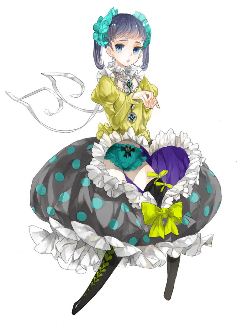 k ototo, dress, frills, jewelry, panties, purple eyes, purple hair, ribbon, twintails, underwear