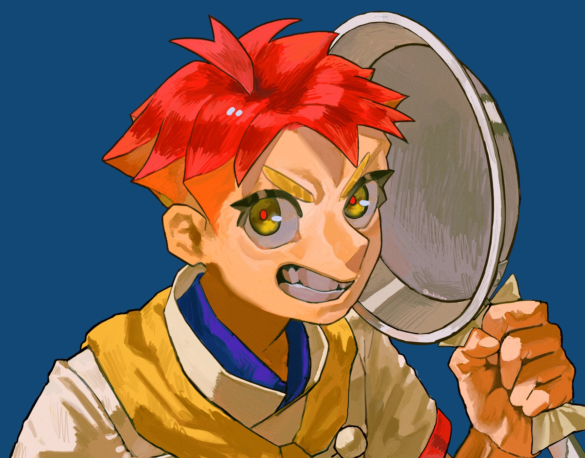 ookiitora128706, crispin (pokemon), nintendo, pokemon, pokemon sv, highres, 1boy, blueberry academy school uniform, frying pan, holding, holding frying pan, looking at viewer, male focus, multicolored eyes, open mouth, red eyes, red hair, school uniform, simple background, smile, solo, teeth, twitter username, two-tone eyes, upper body, yellow eyes