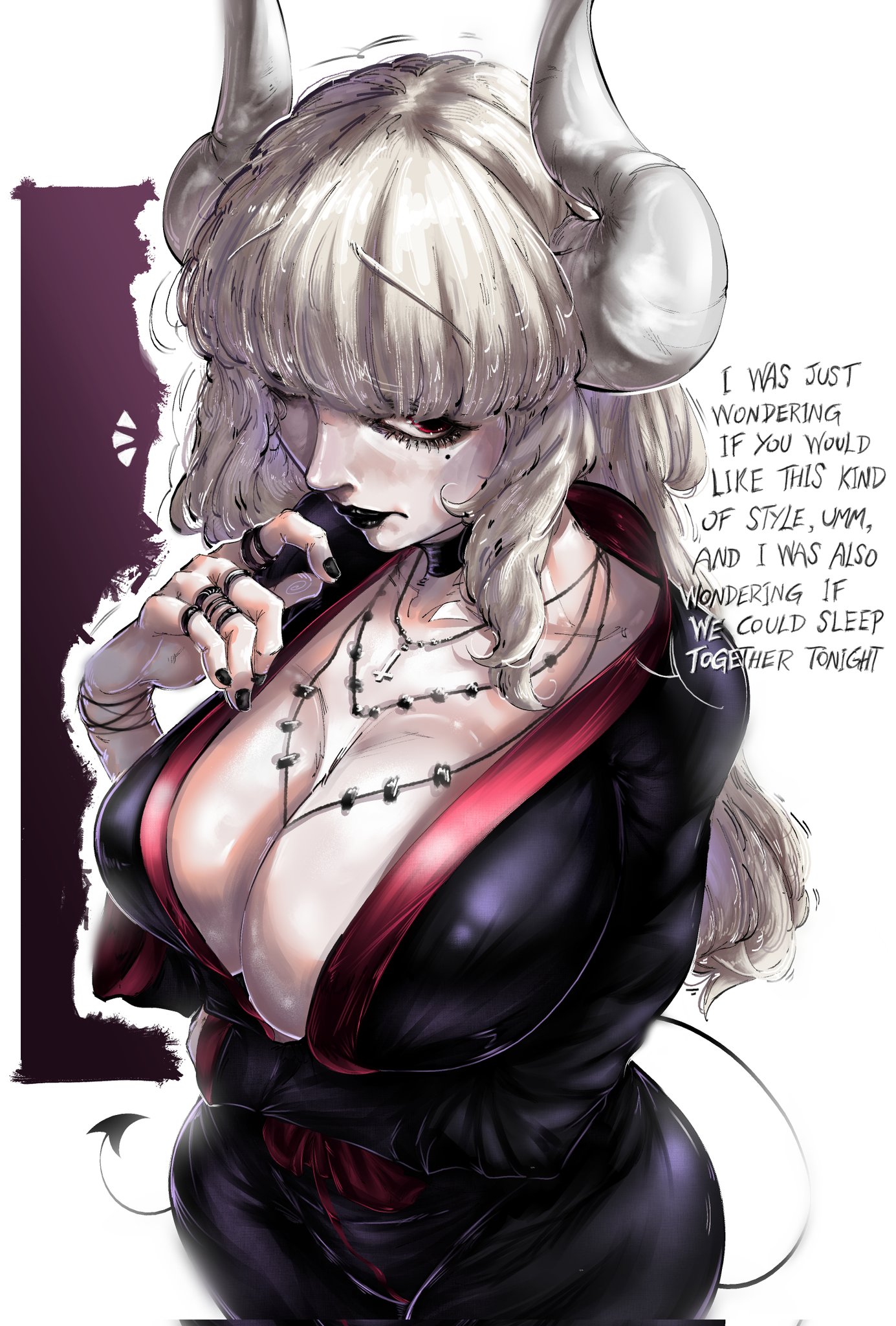 lucifer (helltaker), helltaker, commentary, english commentary, highres, 1girl, arms under breasts, bfaskb 213, black collar, black jacket, black lips, black nails, black pants, breasts, cleavage, collar, cross, demon, demon girl, demon horns, demon tail, english text, horns, jacket, long hair, looking to the side, mole, mole under eye, one eye closed, pants, red eyes, standing, tail, white hair, white horns