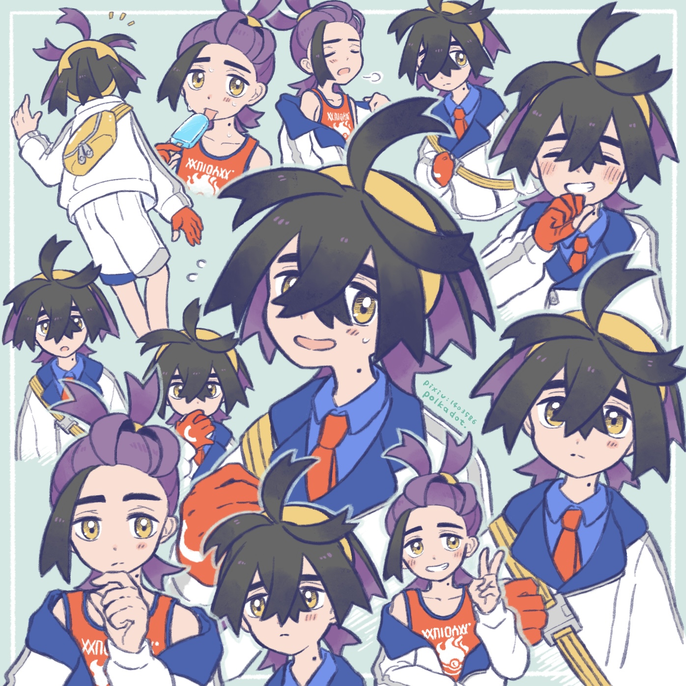 polkadot (mocopeng), kieran (pokemon), nintendo, pokemon, pokemon sv, commentary request, highres, 1boy, blue shirt, collared shirt, crossed bangs, flying sweatdrops, food, gloves, grin, hair between eyes, hairband, holding, jacket, licking, light blush, male focus, mole, mole on neck, multiple views, necktie, notice lines, open mouth, partially fingerless gloves, popsicle, print shirt, purple hair, red gloves, red necktie, red shirt, shirt, smile, teeth, tongue, tongue out, v, white jacket, yellow eyes, yellow hairband, zipper pull tab