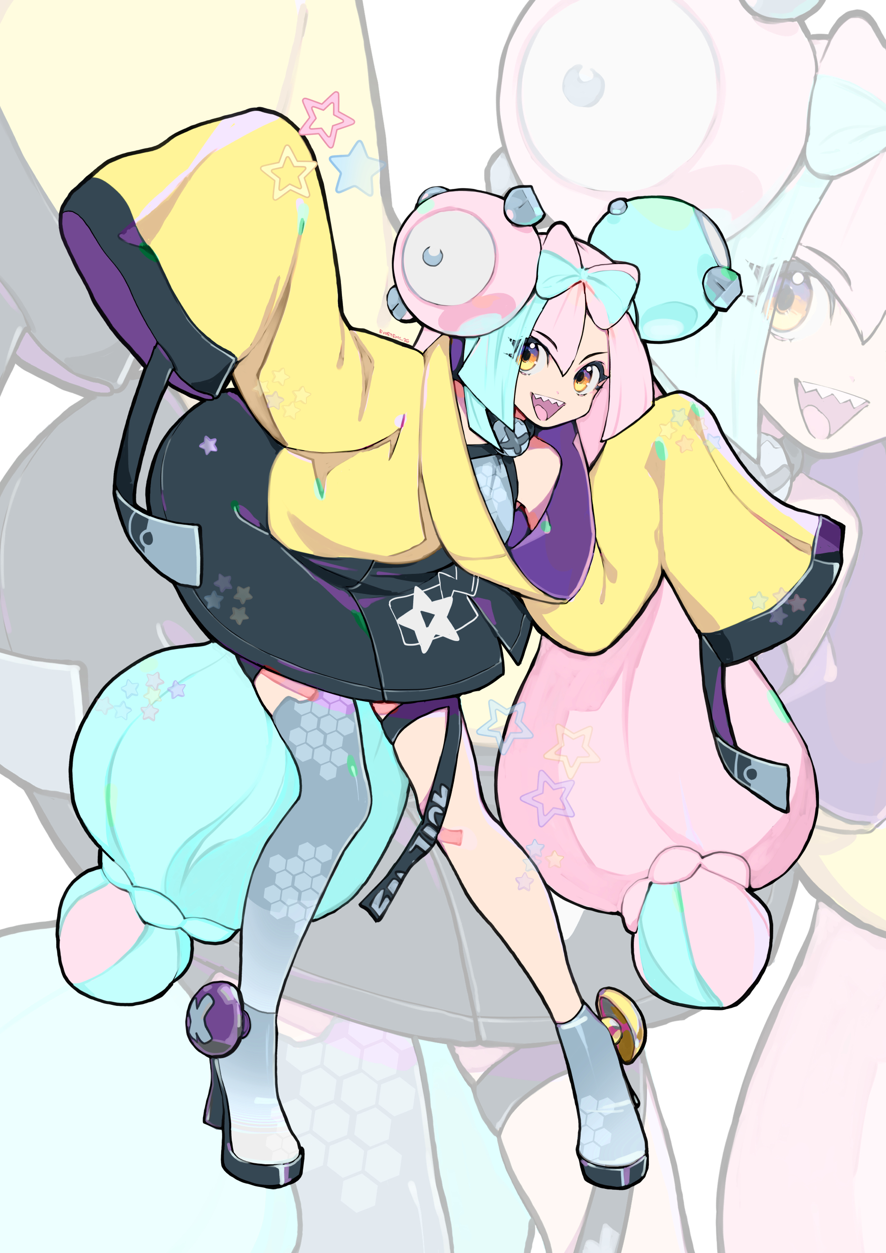 eudetenis, iono (pokemon), nintendo, pokemon, pokemon sv, absurdres, clip studio paint (medium), commentary, highres, 1girl, :d, bow-shaped hair, character hair ornament, full body, grey shirt, grey shoes, hair ornament, happy, jacket, leaning, long hair, looking at viewer, multicolored hair, open mouth, shirt, shoes, single thighhigh, sleeveless, sleeveless shirt, sleeves past fingers, sleeves past wrists, smile, standing, teeth, thigh strap, thighhighs, twintails, two-tone hair, upper teeth only, yellow eyes, yellow jacket, zoom layer