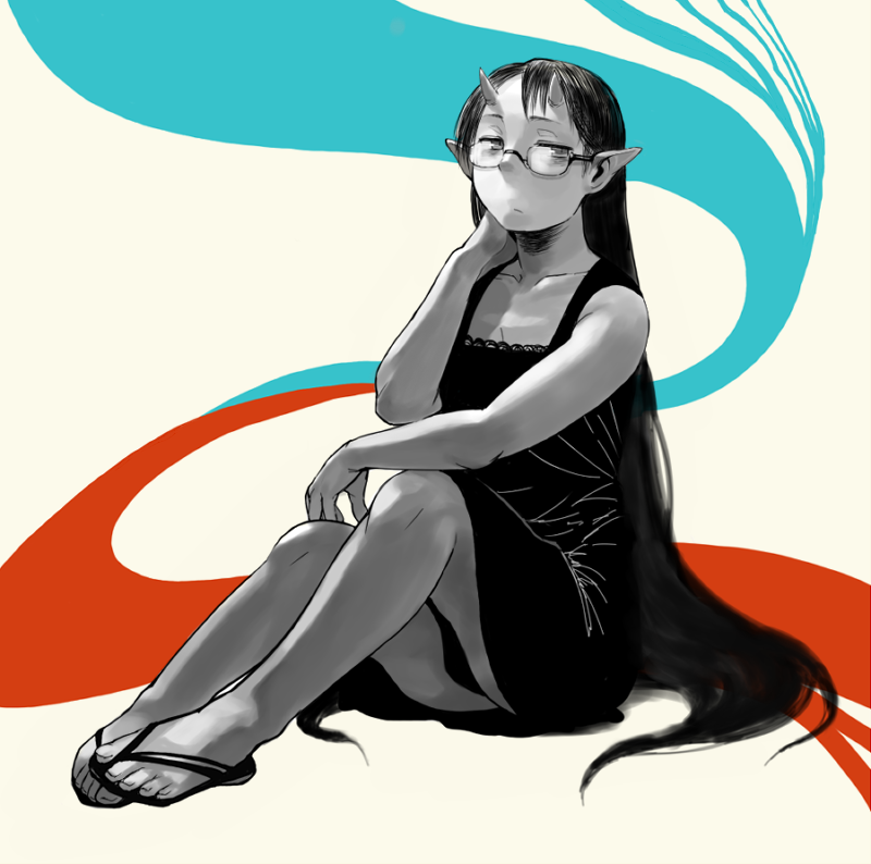 kirusu, original, bad id, bad pixiv id, collarbone, demon girl, feet, glasses, horns, legs, long hair, monochrome, monster girl, oni, pointy ears, sandals