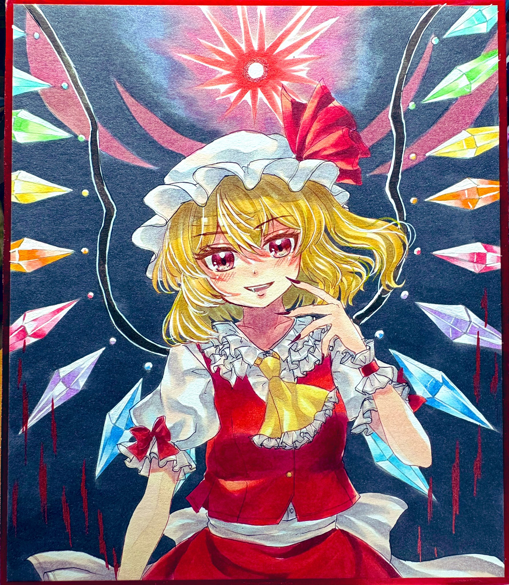 mitsu~, flandre scarlet, touhou, commentary request, highres, traditional media, 1girl, ascot, back bow, blonde hair, bow, collared shirt, crystal, crystal wings, fingernails, frilled shirt collar, frills, hat, long fingernails, looking at viewer, mob cap, multicolored wings, one side up, open mouth, puffy short sleeves, puffy sleeves, red bow, red eyes, red nails, red skirt, red vest, sharp fingernails, shirt, short sleeves, skirt, skirt set, sleeve bow, smile, solo, vest, white bow, white hat, white shirt, wings, wrist cuffs, yellow ascot