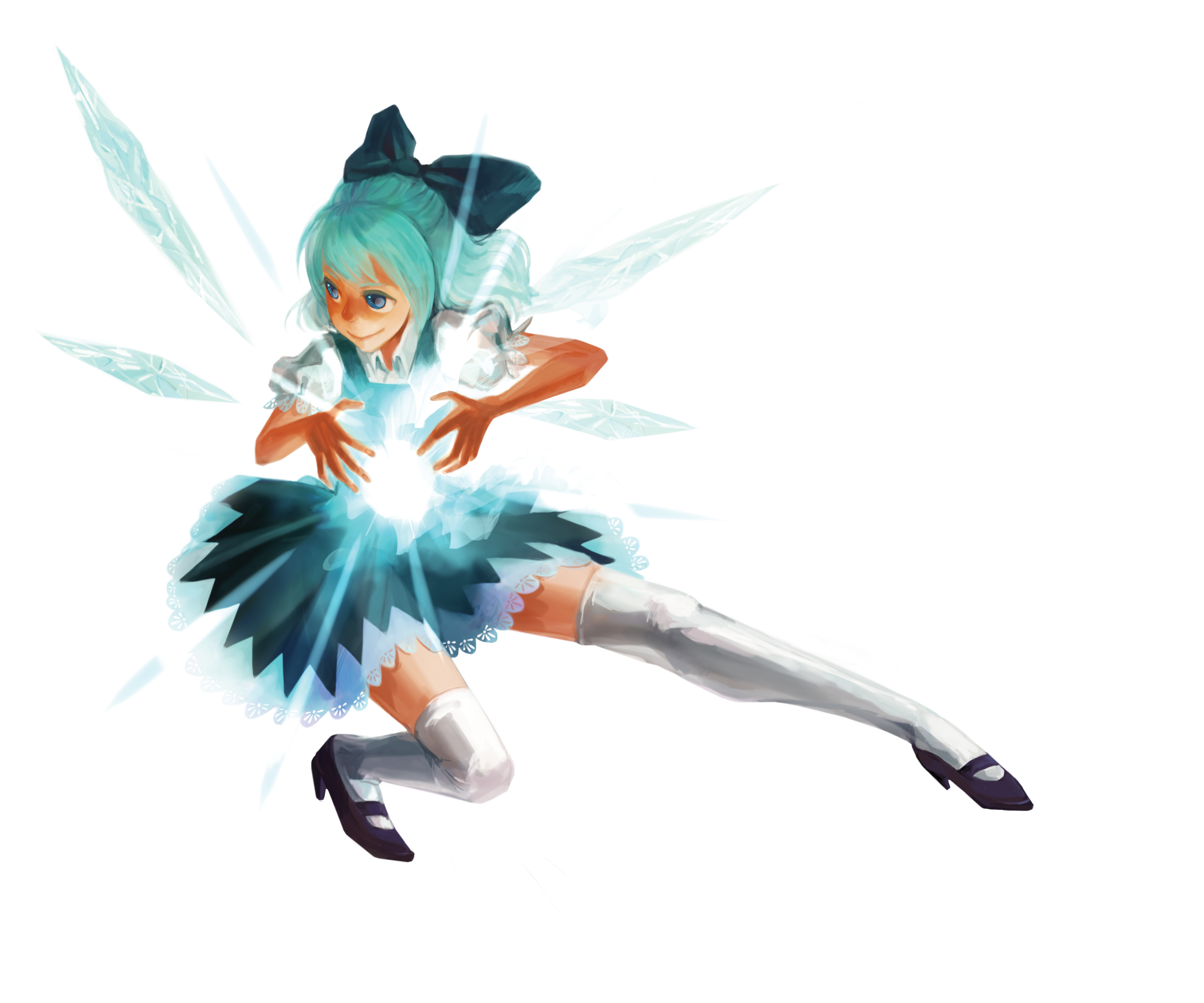 mame usagi, cirno, embodiment of scarlet devil, touhou, absurdres, bad id, bad pixiv id, highres, 1girl, blue eyes, blue hair, bow, female focus, full body, hair bow, matching hair/eyes, short hair, solo, thighhighs, transparent background, wings