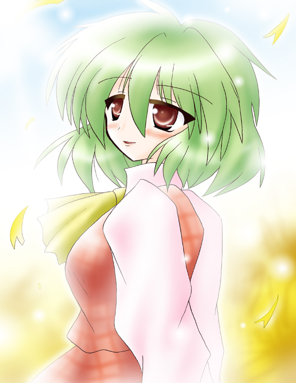 ryutotoranoikkiuchi, kazami yuuka, touhou, bad id, bad pixiv id, 1girl, blush, female focus, green hair, outdoors, red eyes, short hair, sky, solo, upper body