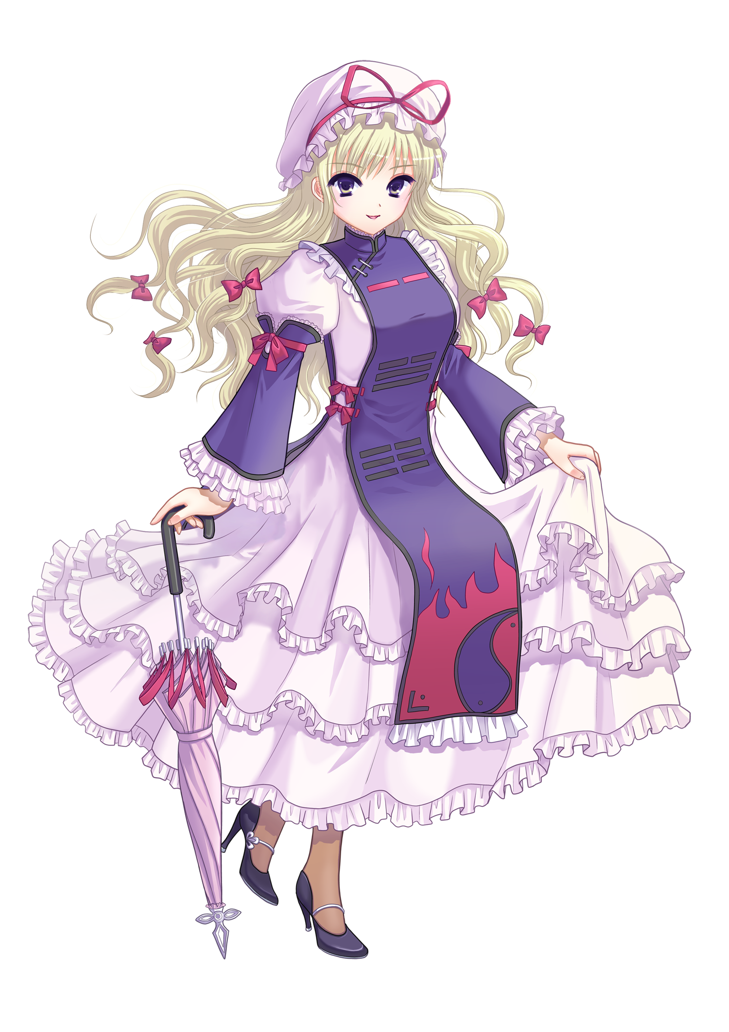 alha, yakumo yukari, touhou, highres, 1girl, adapted costume, blonde hair, bow, closed umbrella, dress, female focus, frilled dress, frills, full body, hair bow, hat, hat ribbon, high heels, long hair, looking at viewer, multicolored eyes, pantyhose, purple eyes, ribbon, shoes, skirt hold, smile, solo, tabard, transparent background, umbrella, yellow eyes