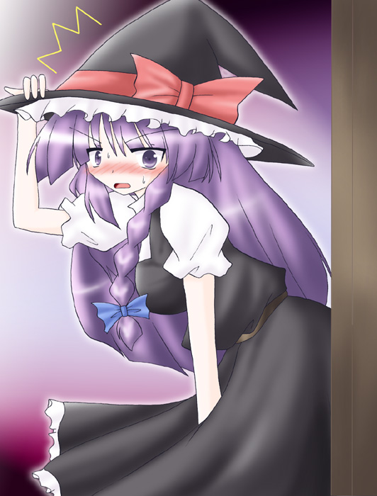 ryutotoranoikkiuchi, kirisame marisa, patchouli knowledge, touhou, bad id, bad pixiv id, 1girl, bow, breasts, cosplay, female focus, gradient background, hat, kirisame marisa (cosplay), long hair, purple eyes, purple hair, skirt, solo, witch, witch hat