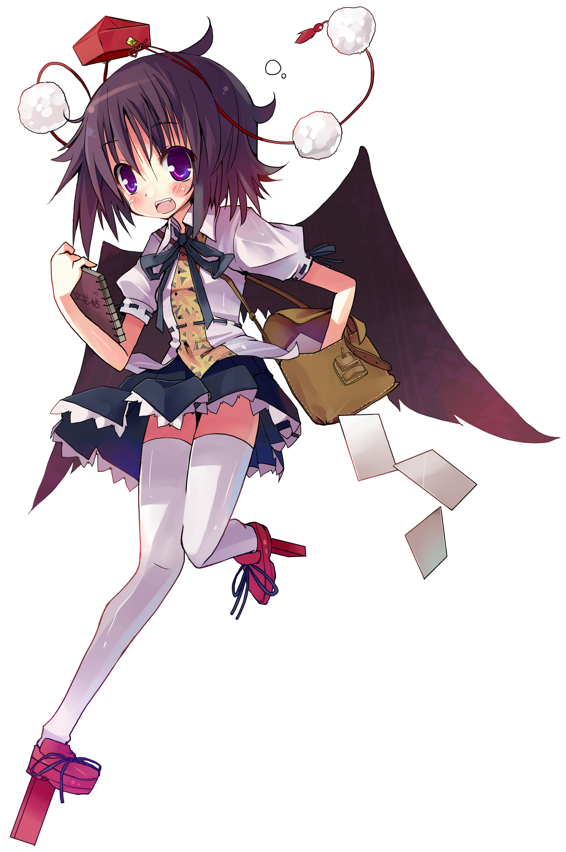 sakurazari hotori, shameimaru aya, touhou, absurdres, highres, 1girl, black hair, blush, brown hair, female focus, full body, geta, hat, looking at viewer, open mouth, short hair, smile, solo, tengu-geta, thighhighs, tokin hat, transparent background, wings