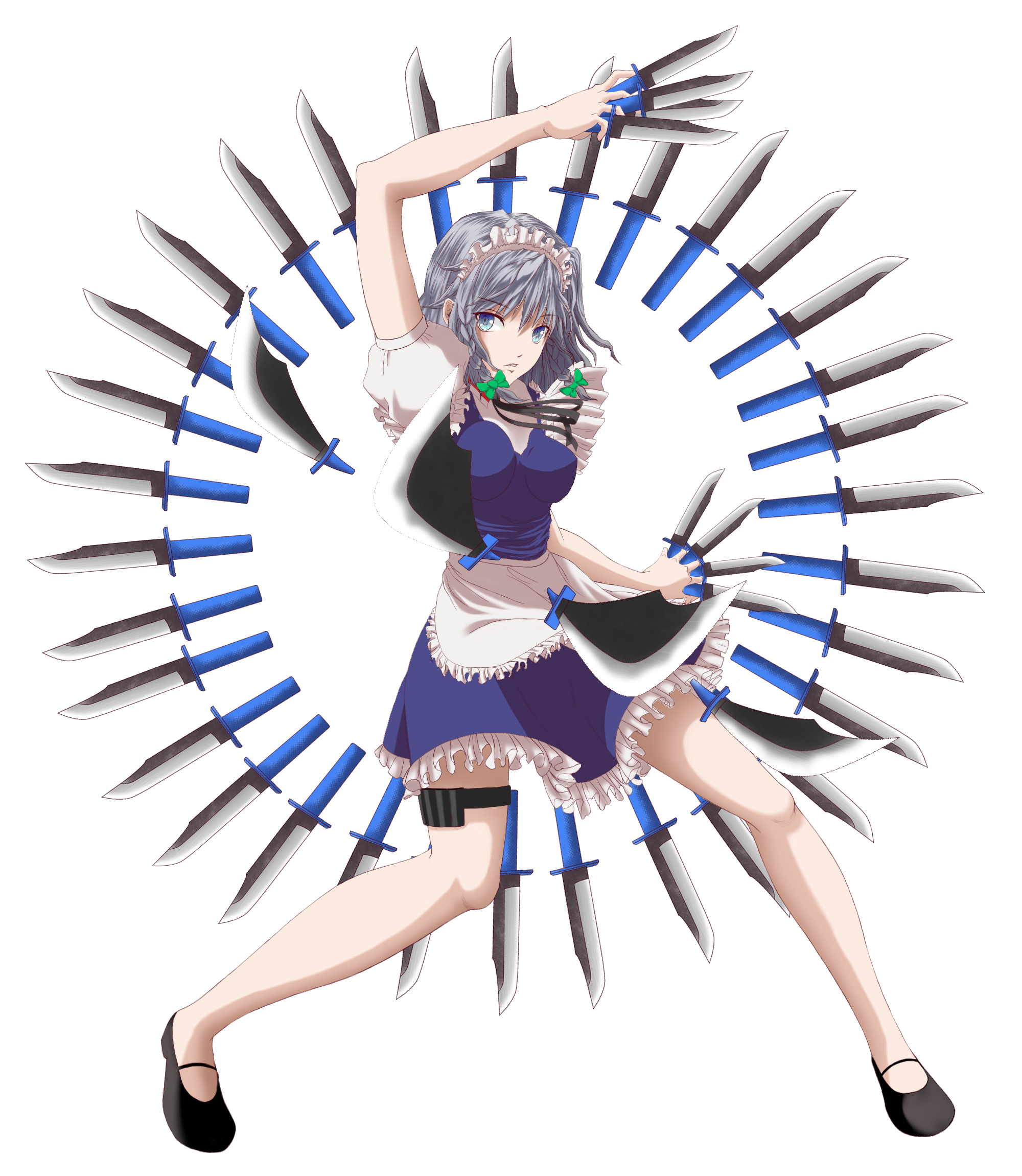 izayoi sakuya, touhou, silver hair, highres, 1girl, blue eyes, braid, female focus, full body, knife, maid, short hair, solo, thigh strap, throwing knife, transparent background, twin braids, weapon