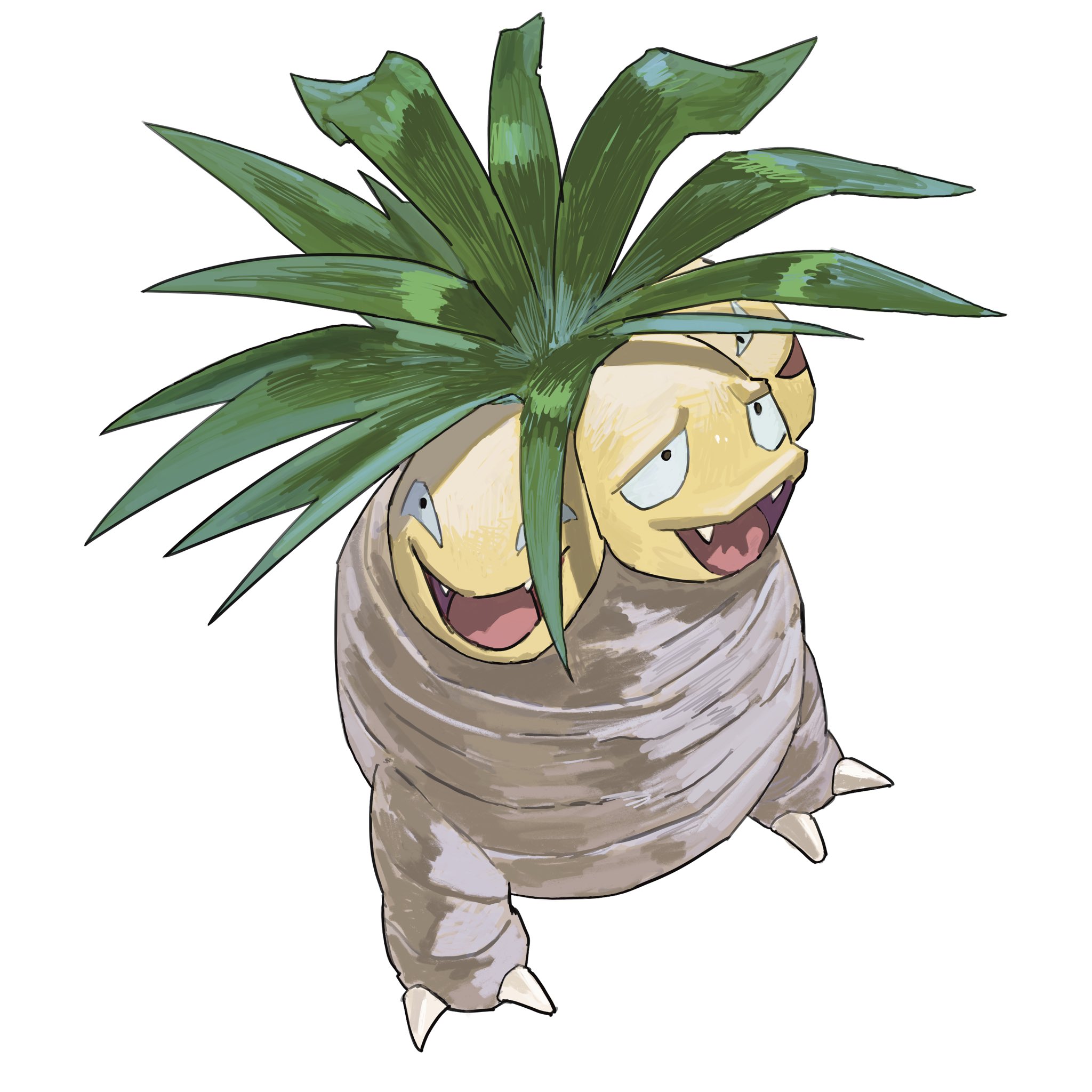 ookiitora128706, exeggutor, nintendo, pokemon, commentary request, highres, claws, fangs, full body, gen 1 pokemon, green leaf, looking at viewer, no humans, open mouth, palm tree, pokemon (creature), pokemon focus, simple background, smile, solo, tree