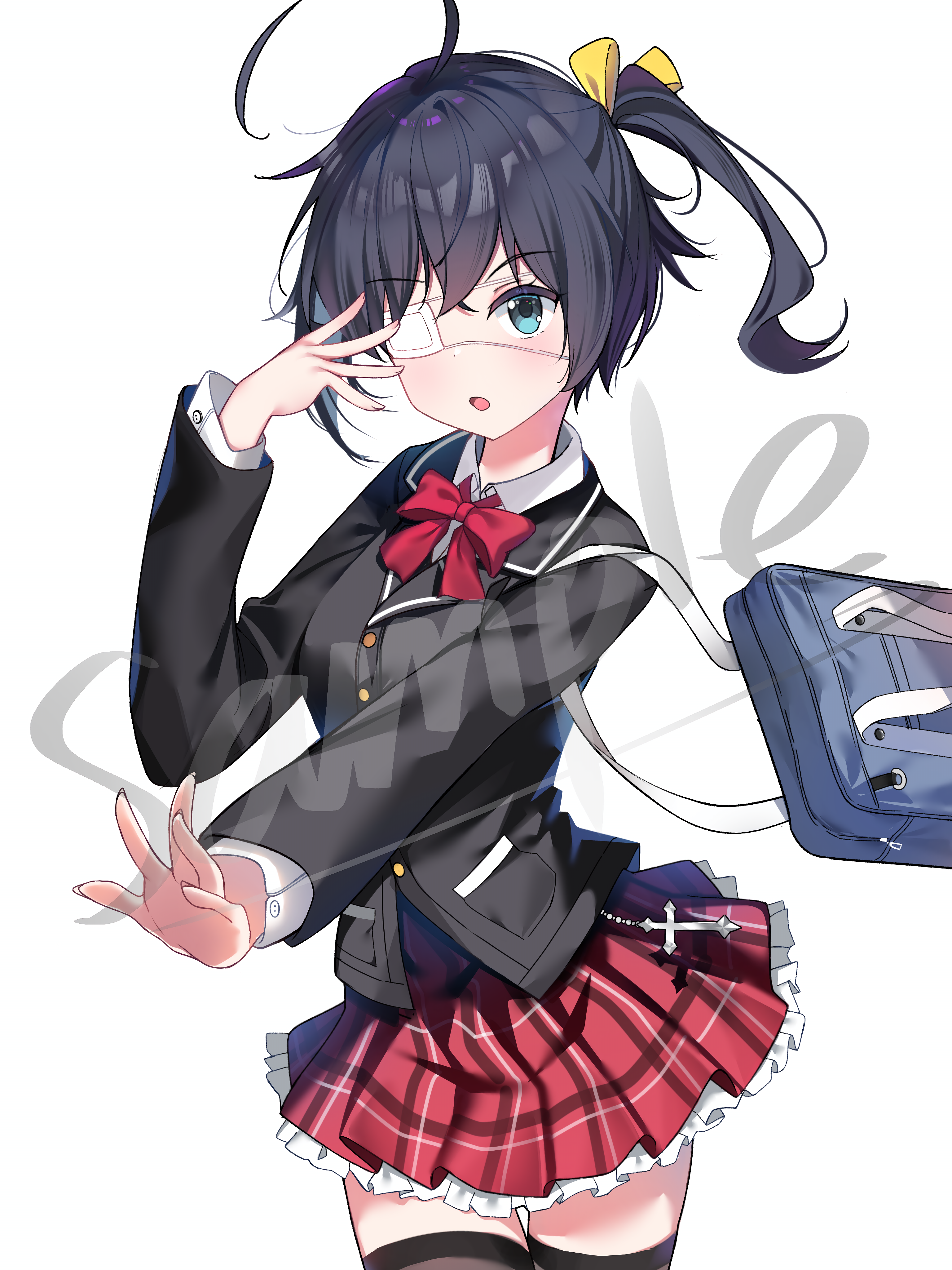 kinedro, takanashi rikka, chuunibyou demo koi ga shitai!, absurdres, commentary, highres, 1girl, ahoge, bag, black hair, black thighhighs, blue eyes, bow, breasts, chuunibyou, cowboy shot, eyepatch, hair ribbon, icho private high school uniform, jacket, looking at viewer, medical eyepatch, one side up, open mouth, plaid clothes, plaid skirt, ribbon, sample watermark, school uniform, short hair, shoulder bag, simple background, skirt, solo, thighhighs, watermark, white background